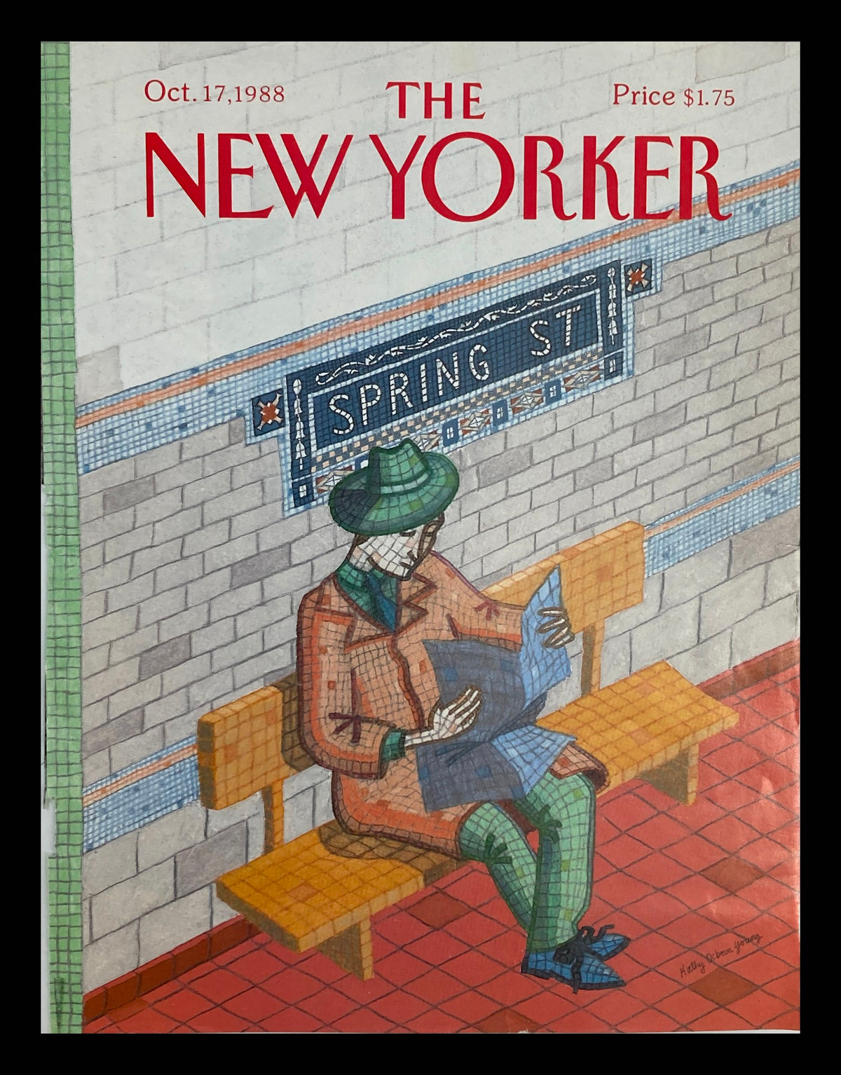 Cover only from The New Yorker dated October 17, 1988, featuring artwork titled 'Spring Street' by Kathy Osborn Young, depicting a man reading on a subway bench.