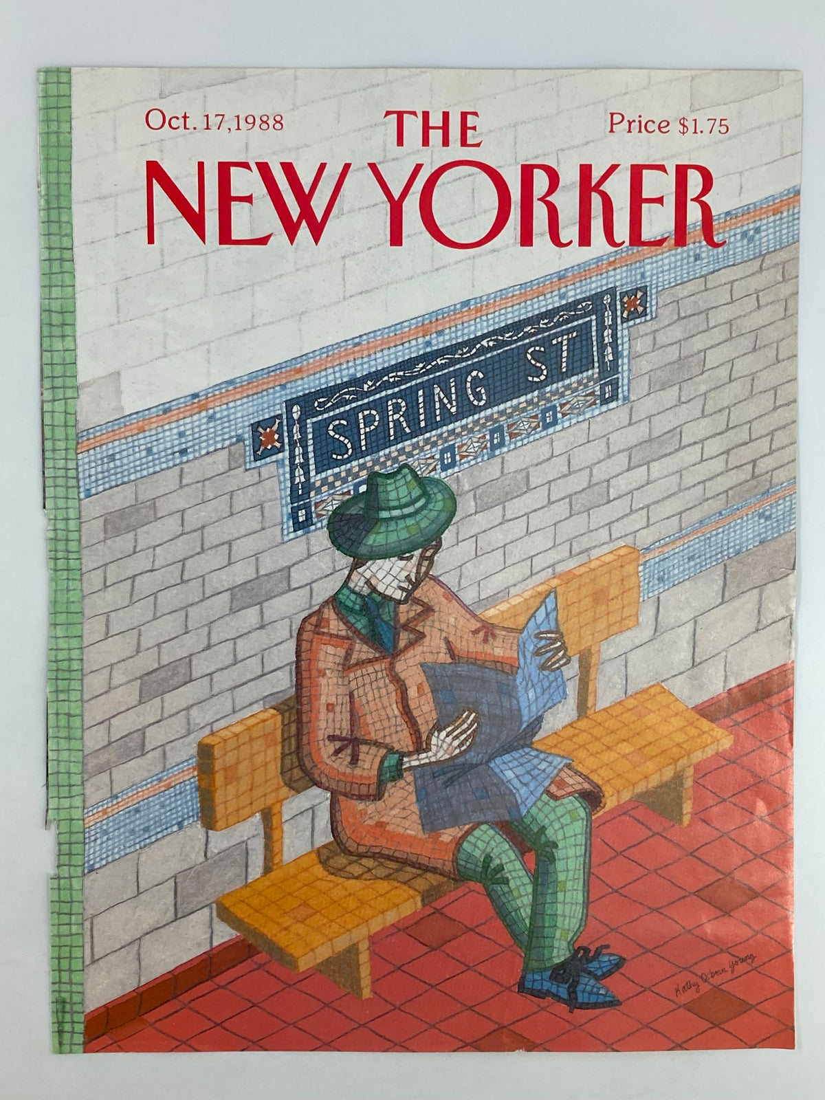The New Yorker Cover October 17 1988 featuring artwork by Kathy Osborn Young titled 'Spring Street', illustrating a man reading on a bench with a colorful urban background in New York City.