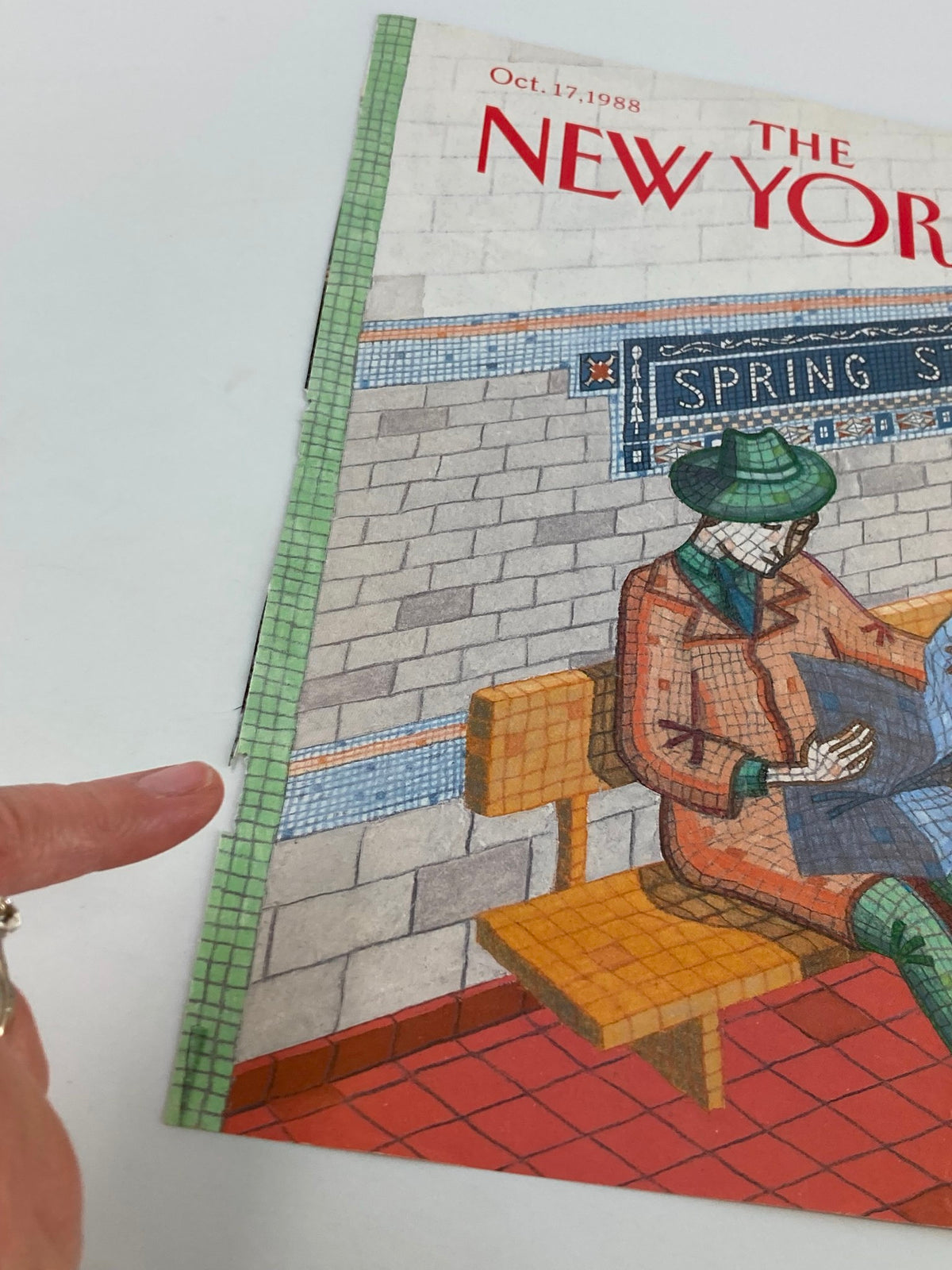 Close-up view of The New Yorker Cover October 17 1988, showcasing intricate details of the artwork 'Spring Street' by Kathy Osborn Young, emphasizing the vibrant colors and textures.