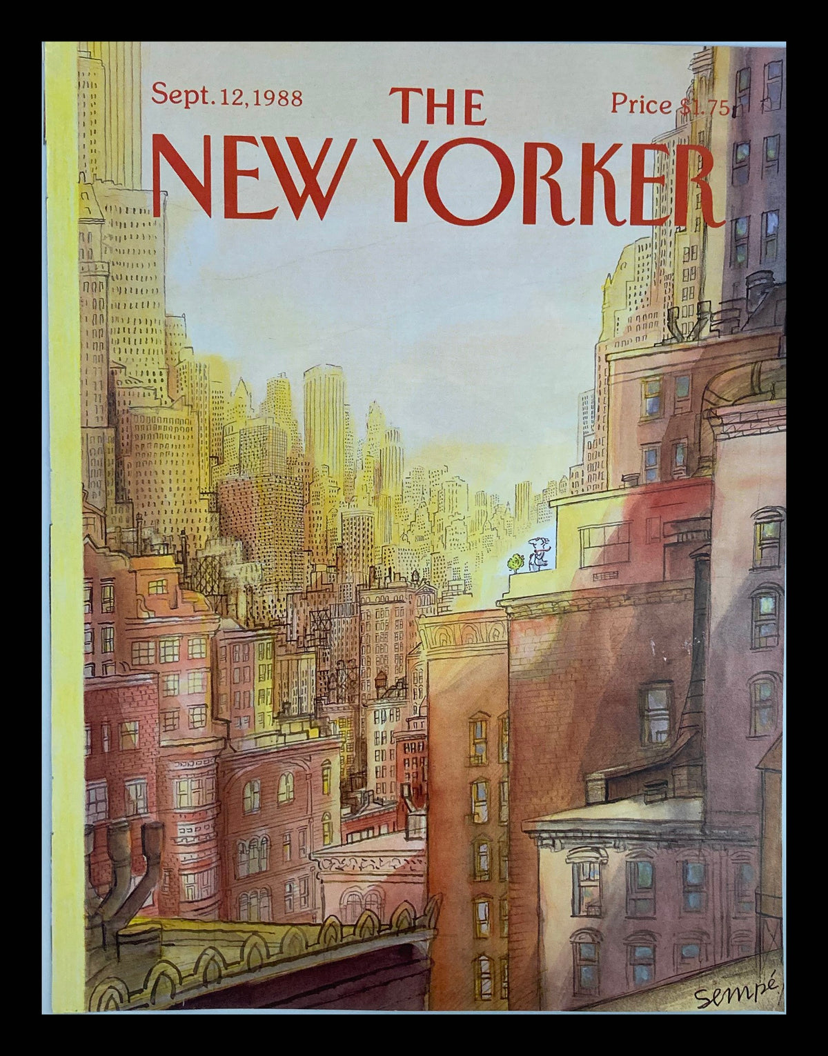 Cover of The New Yorker dated September 12, 1988, featuring whimsical artwork by Jean-Jacques Sempe, depicting an urban landscape with a charming touch. Ideal for collectors and vintage magazine enthusiasts.
