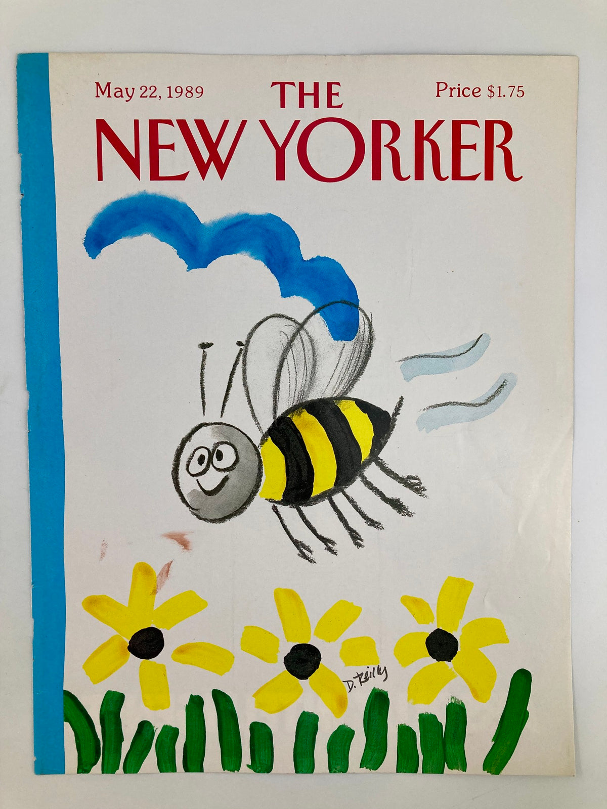 COVER ONLY The New Yorker May 22 1989 Bumble Bee by Donald Reilly, featuring a smiling bumblebee flying over yellow flowers, showcasing playful illustration style.
