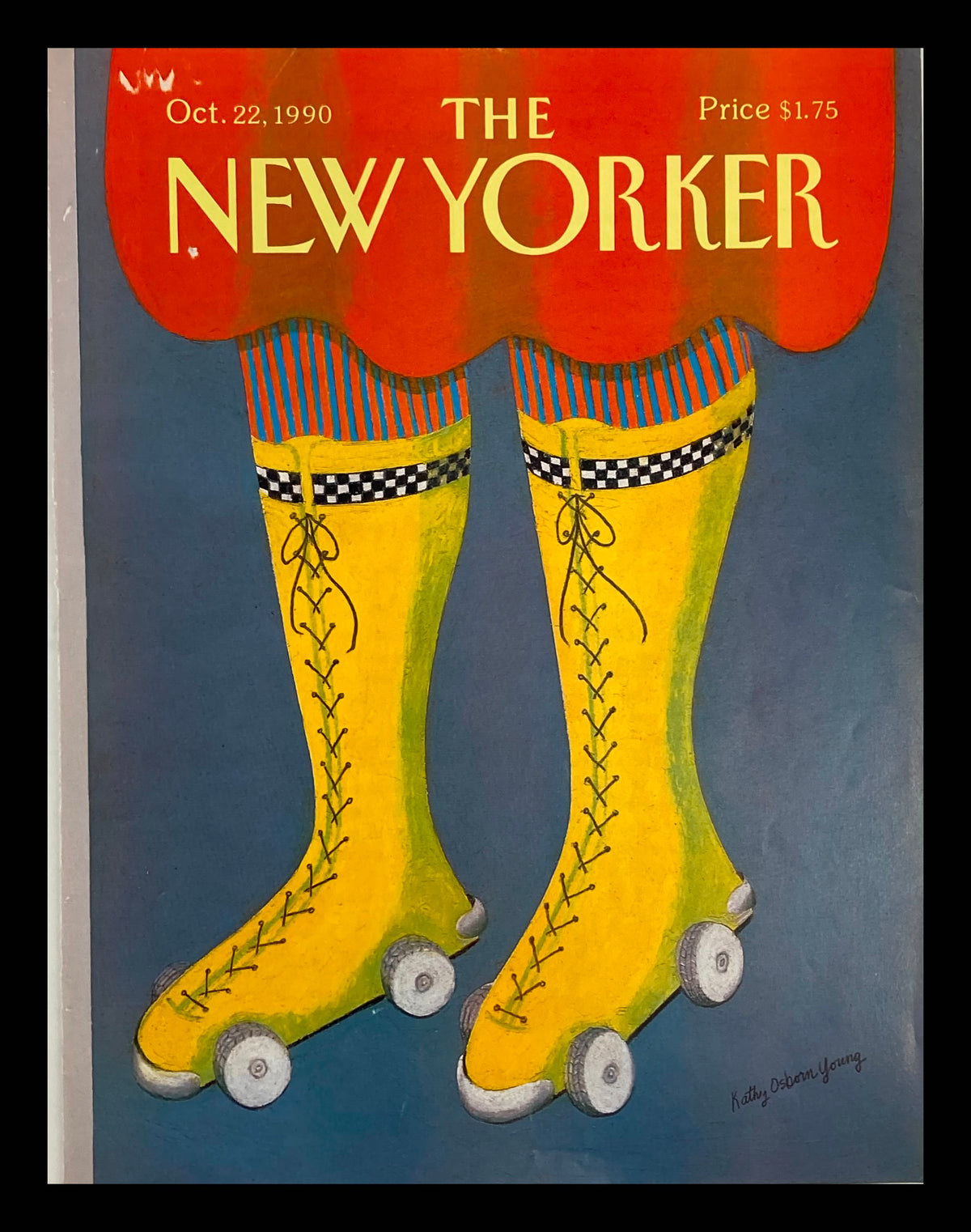 Cover of The New Yorker magazine from October 22, 1990, featuring a vibrant illustration of roller skates by Kathy Osborn Young, showcasing yellow roller skates with white wheels on a blue background.