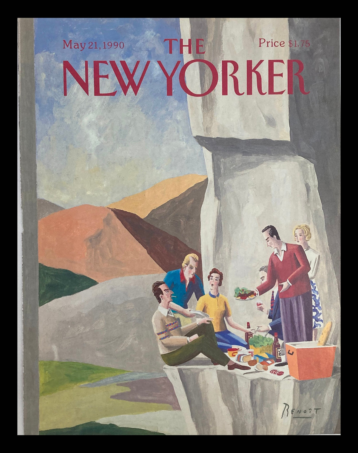 The New Yorker May 21 1990 Wine Picnic cover by Benoit van Innis featuring a group enjoying a picnic on a cliffside, surrounded by scenic mountains and nature.