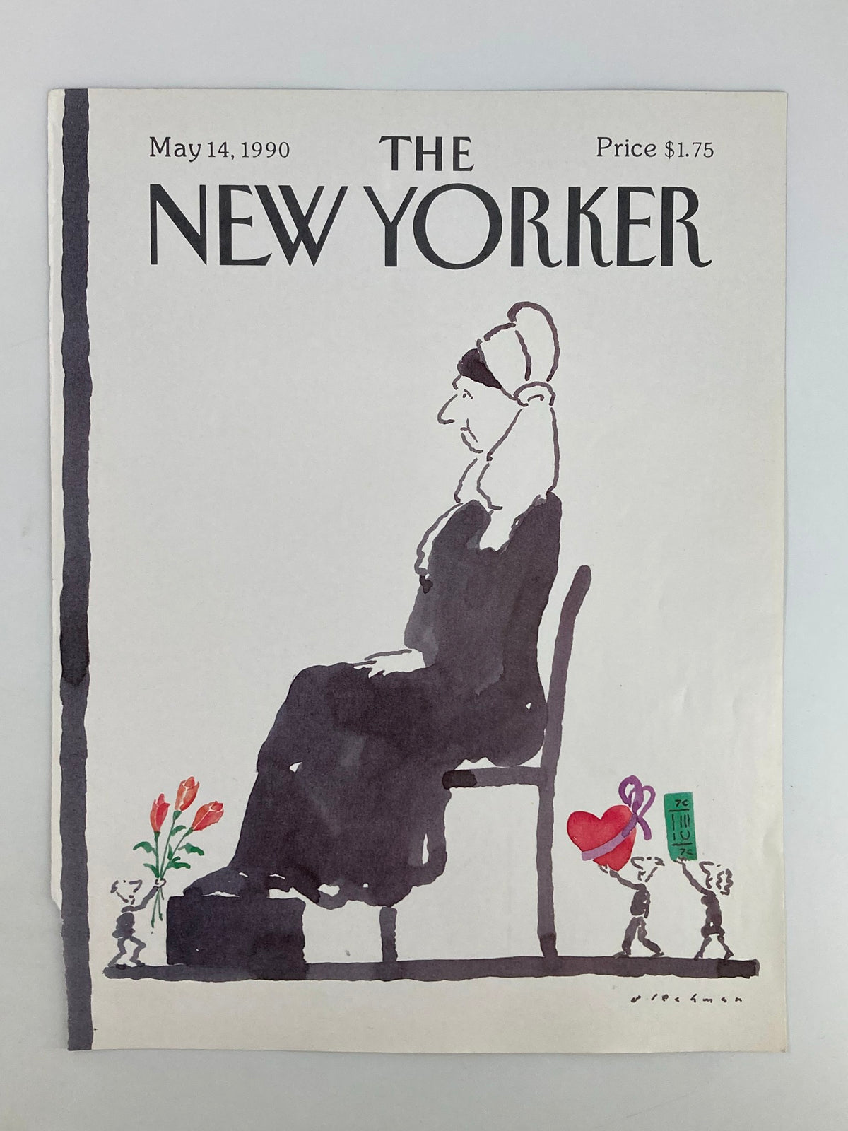 The New Yorker cover from May 14, 1990, by R.O. Blechman, showcasing a seated woman with playful characters carrying flowers and a heart, celebrating motherhood.