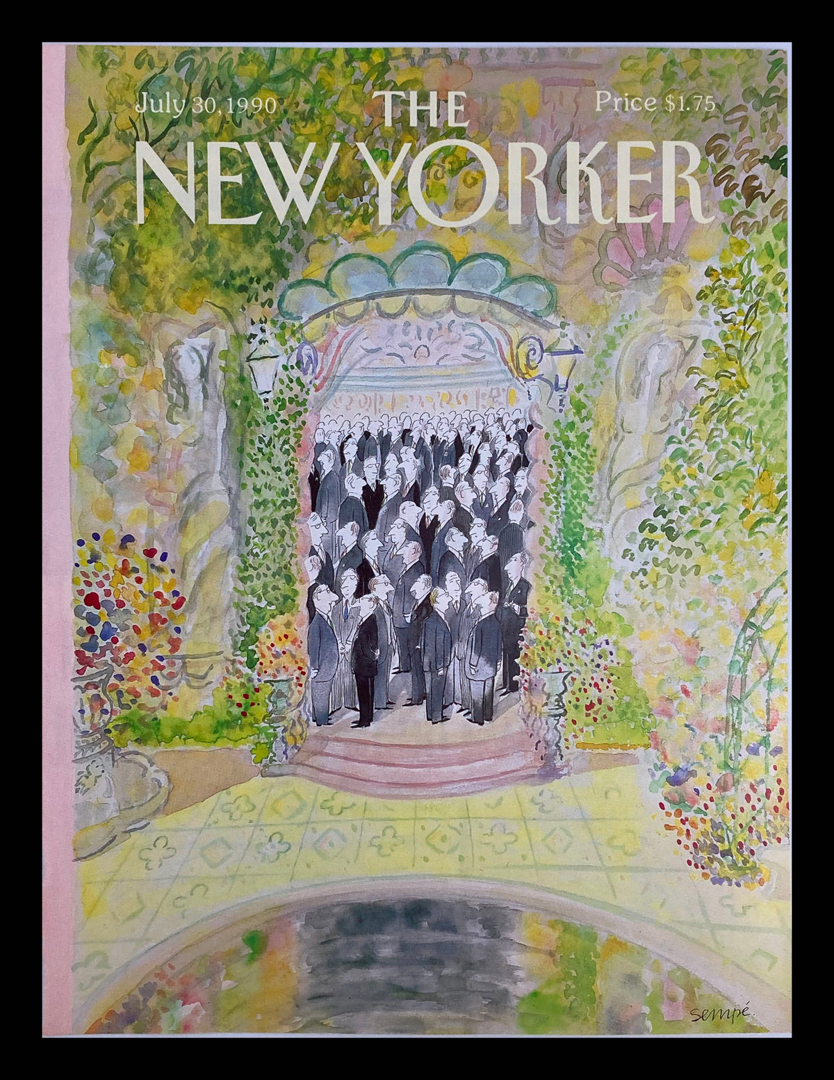 Cover art of The New Yorker dated July 30, 1990, titled 'Business Meeting' by Jean-Jacques Sempe, featuring a whimsical illustration of elegantly dressed figures gathered in a lush garden setting.