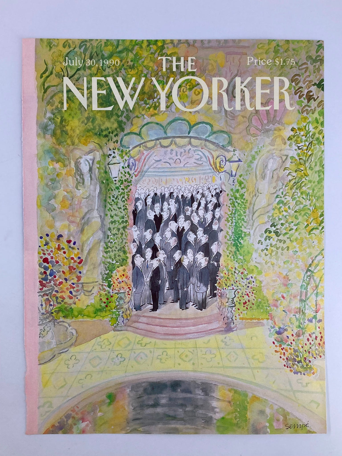 Artistic cover for The New Yorker from July 30, 1990, named 'Business Meeting' by Jean-Jacques Sempe, showcasing a humorous depiction of business professionals in formal attire surrounded by vibrant floral imagery.