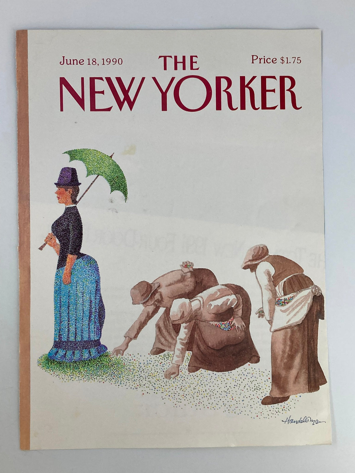 The New Yorker magazine cover dated June 18, 1990, showcasing the piece 'Lady Leaving Trails' by J.B. Handelsman, depicting a woman in a hat and workers collecting colorful seeds.