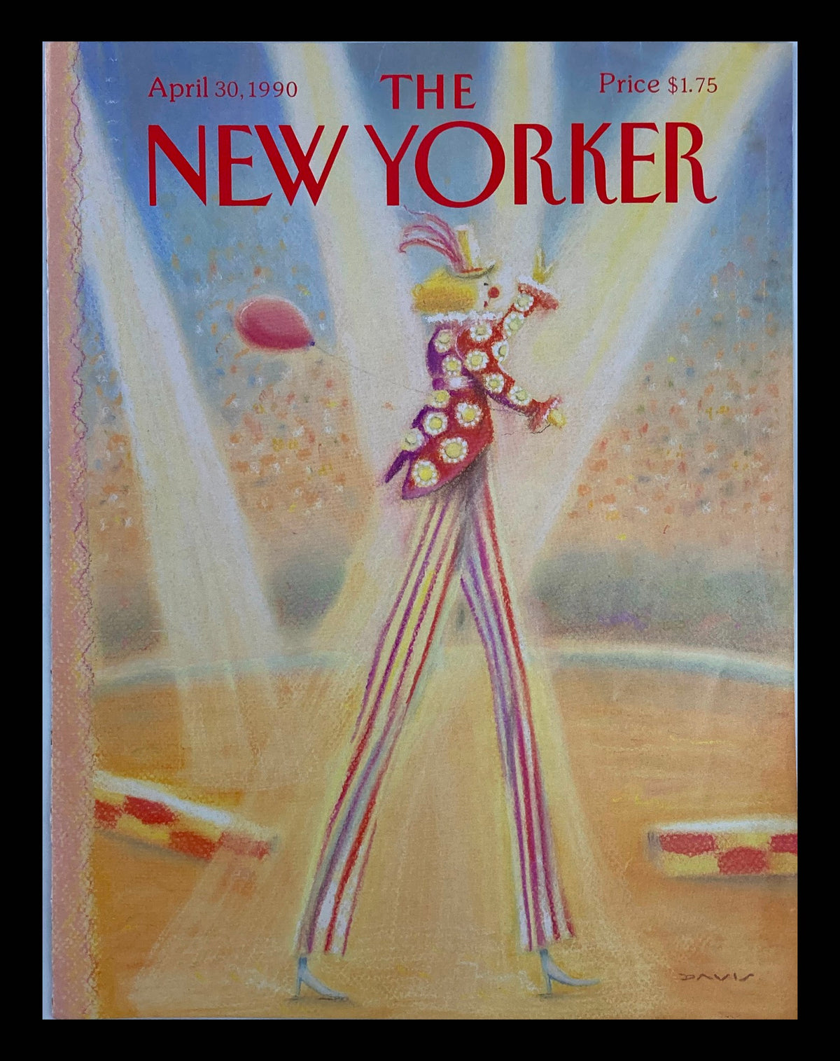 COVER ONLY The New Yorker April 30 1990 Circus Clown by Susan Davis featuring a whimsical clown in a striped outfit, balloons, and vibrant colors, perfect for art lovers and collectors.