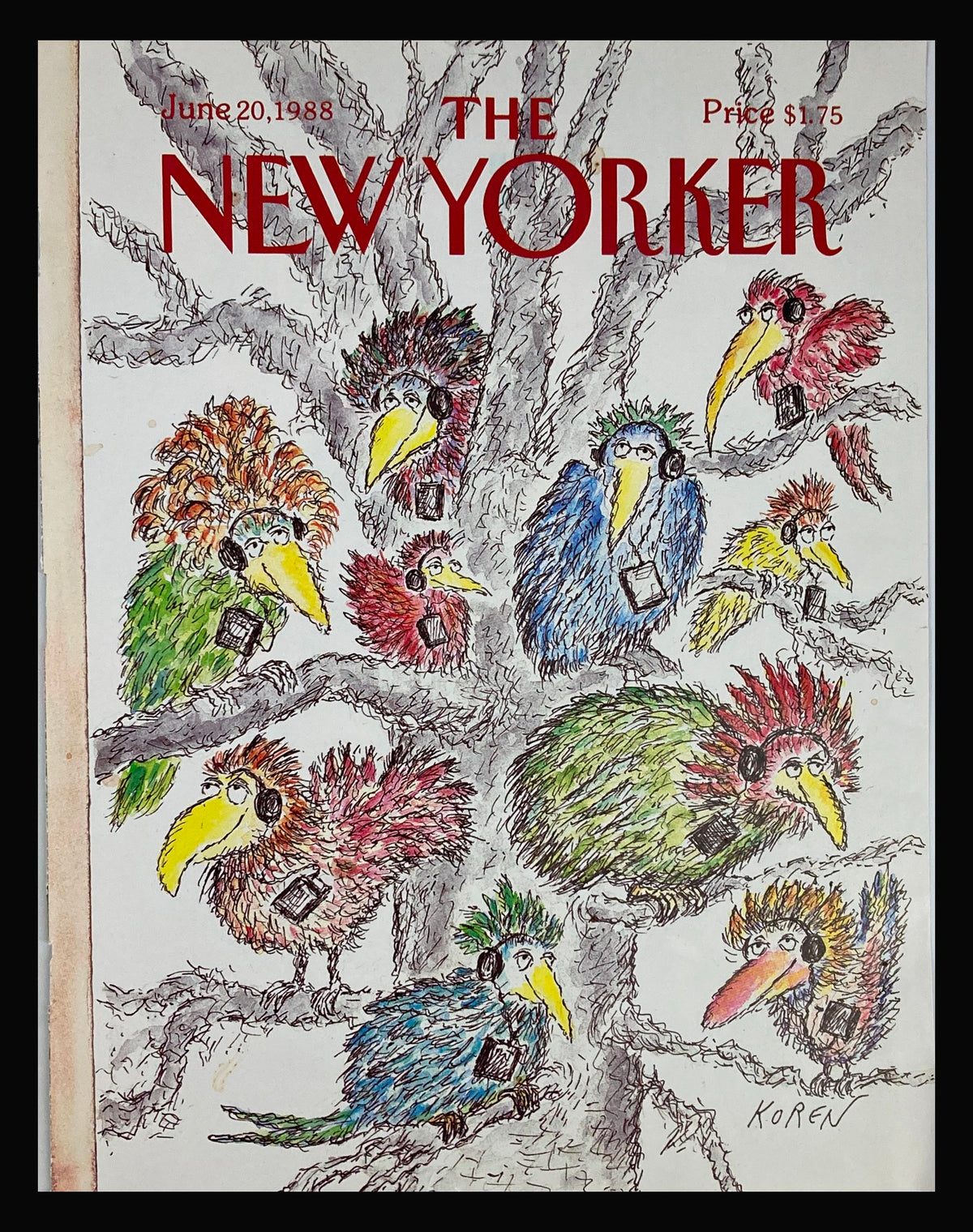 The New Yorker June 20 1988 cover titled 'Birds are Birding' by Edward Koren, featuring colorful cartoon birds perched on a tree, humorously depicting birdwatching.