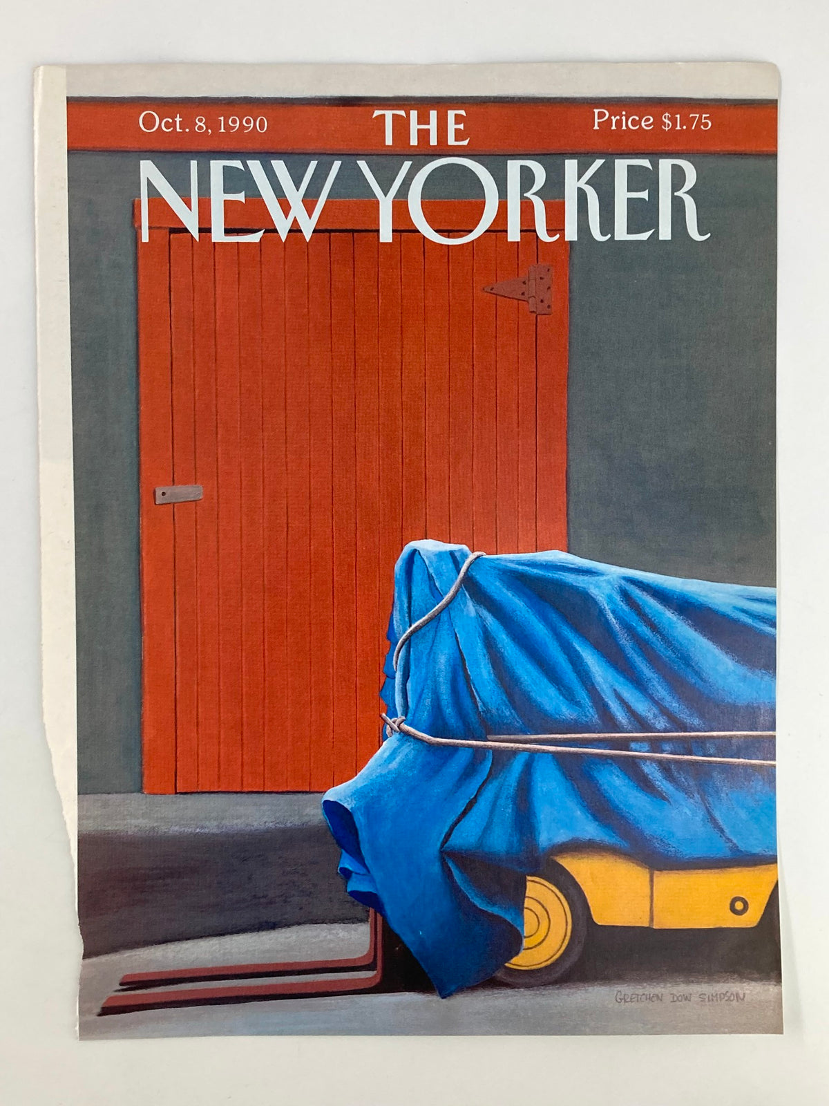 The New Yorker Cover October 8, 1990: A Forklift by Gretchen Dow Simpson, highlighting a blue tarp on a yellow forklift against a backdrop of a rustic orange door, representing classic magazine artistry.