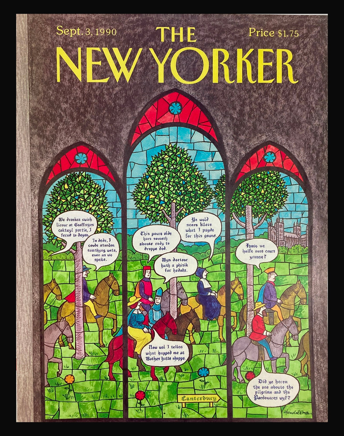 Cover of The New Yorker, September 3, 1990 featuring "Canterbury Story" by J.B. Handelsman, showcasing colorful stained glass artwork with historical cartoonists and humor.
