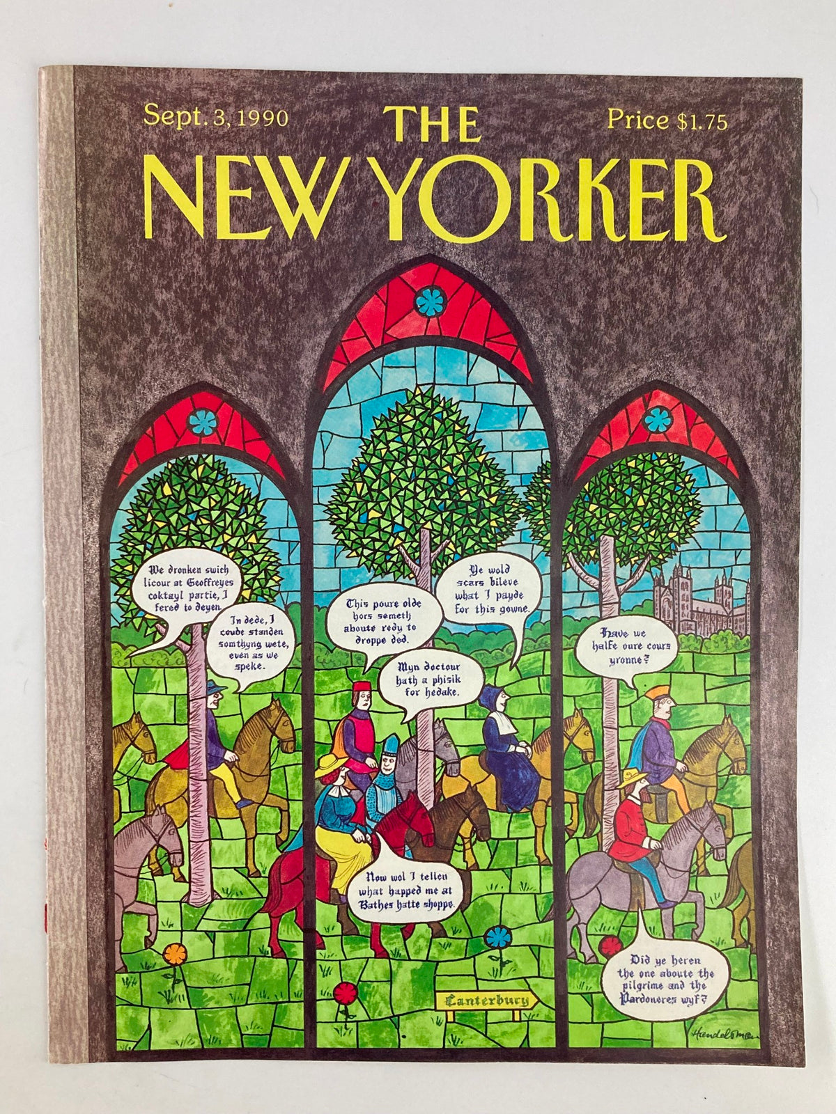 Cover of The New Yorker, September 3, 1990 featuring "Canterbury Story" by J.B. Handelsman, displaying vibrant stained glass style art with characters and whimsical dialogue.