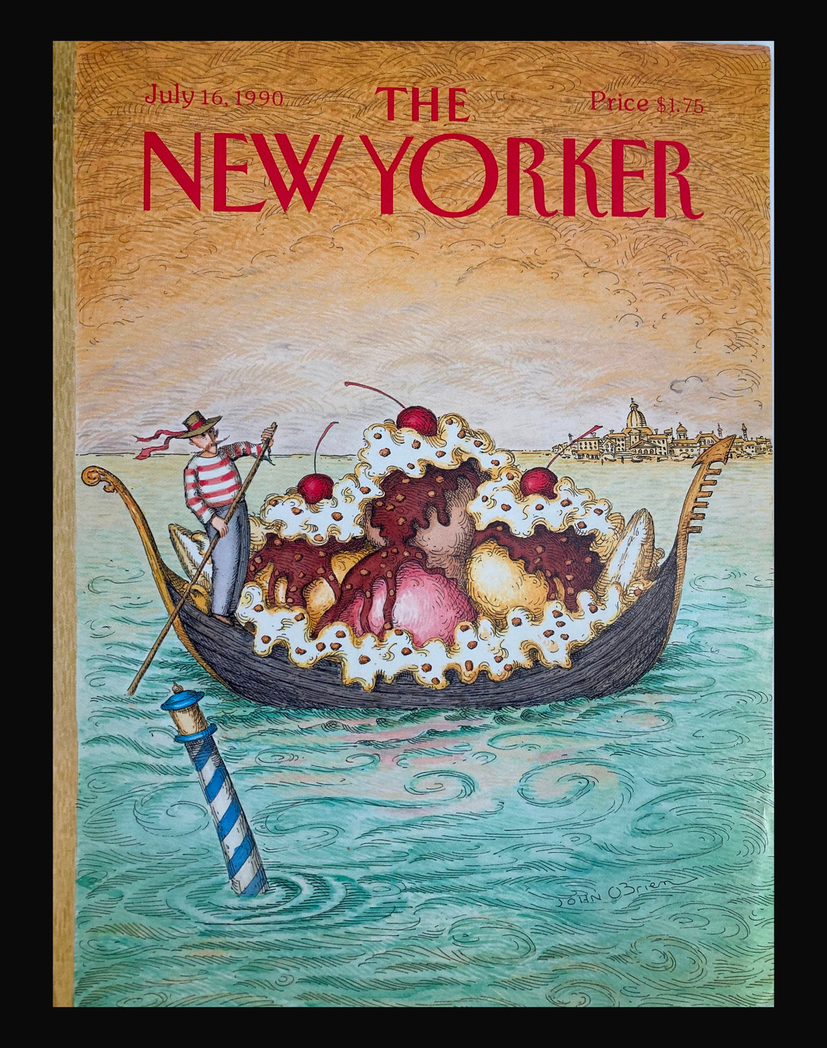 Cover of The New Yorker July 16, 1990, featuring a whimsical Sundae Boat illustration by John O'Brien, showcasing vibrant colors and intricate details.