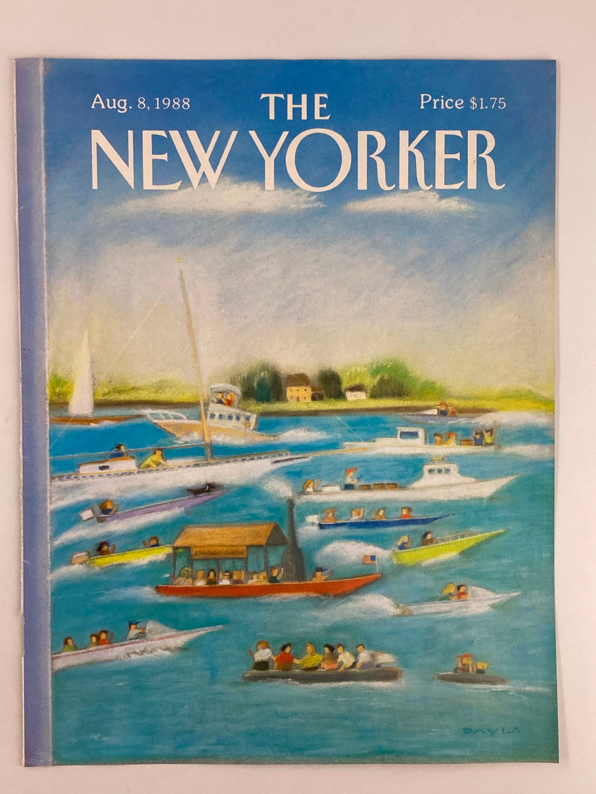COVER ONLY The New Yorker August 8 1988 Boats on the Bay by Susan Davis. Vintage magazine cover displaying a colorful scene of boats in a lively bay setting, reflecting the charm and style of the 1980s.