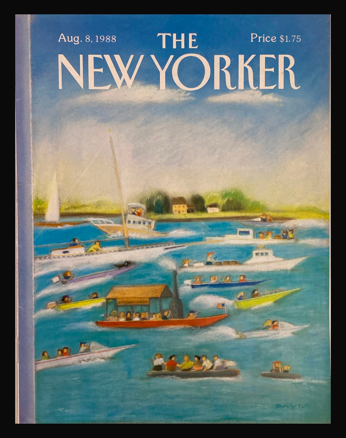 COVER ONLY The New Yorker August 8 1988 Boats on the Bay by Susan Davis. Vintage magazine cover featuring a vibrant illustration of various boats navigating through a serene bay, showcasing artistic elegance and leisure from the late 20th century.