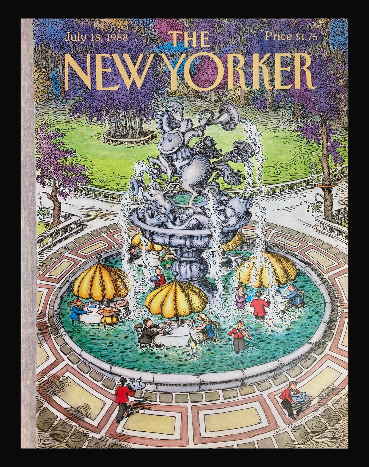 Vintage cover of The New Yorker July 18 1988 featuring the artwork 'Restaurant of Fountain' by John O'Brien, depicting a lively fountain scene with diners and waiters.