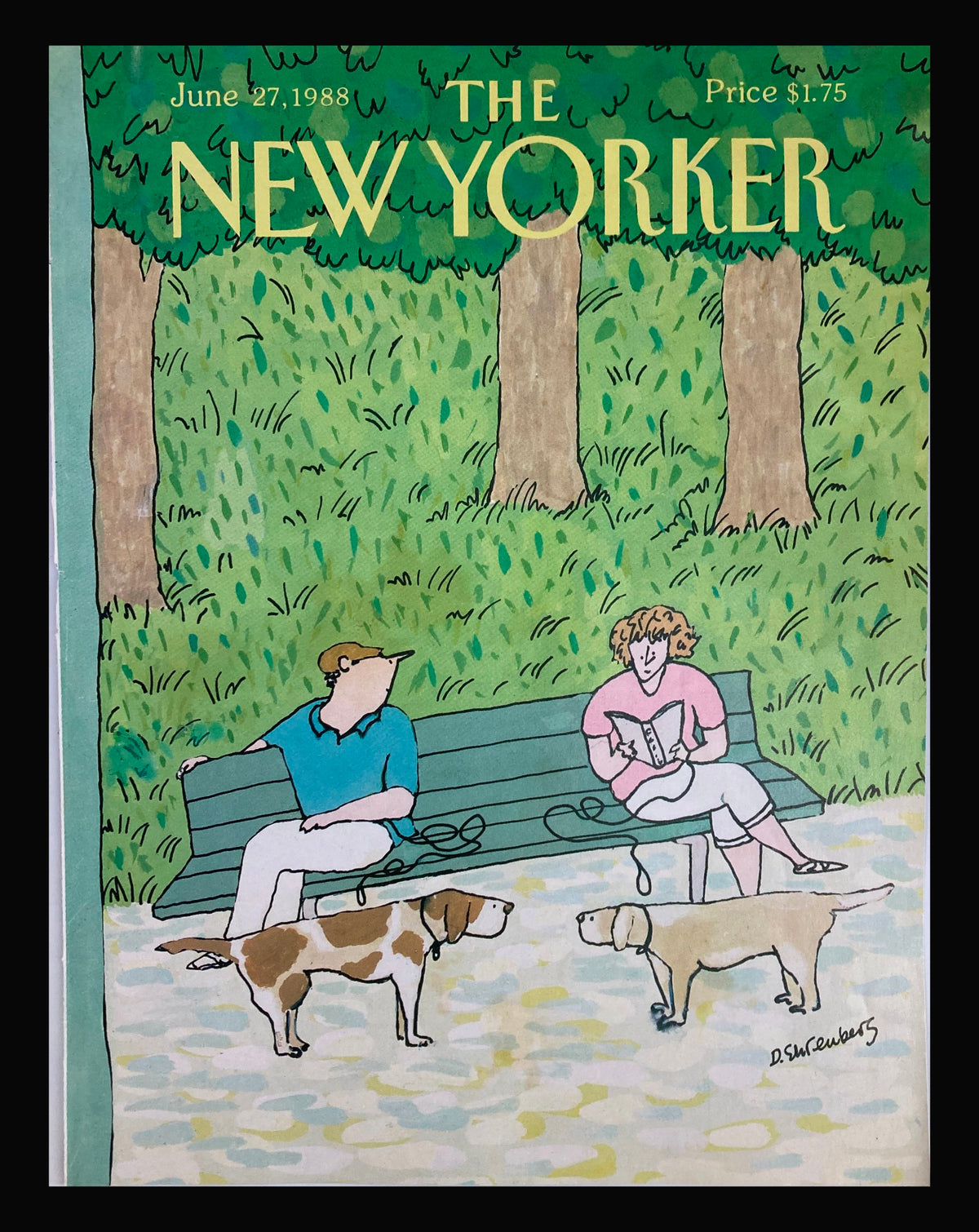 Cover of The New Yorker June 27 1988 titled 'Meet at the Park' by Devera Ehrenberg, featuring two people sitting on a park bench with their dogs in a green, leafy environment.