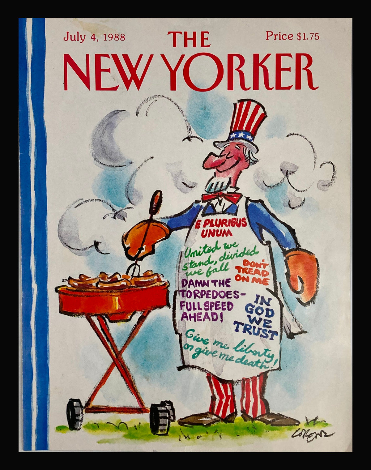 COVER ONLY The New Yorker July 4 1988 illustration by Ever Meulen featuring a cartoon character grilling at a barbecue, wearing an Uncle Sam costume and surrounded by smoke, reflecting the festive spirit of the Fourth of July.