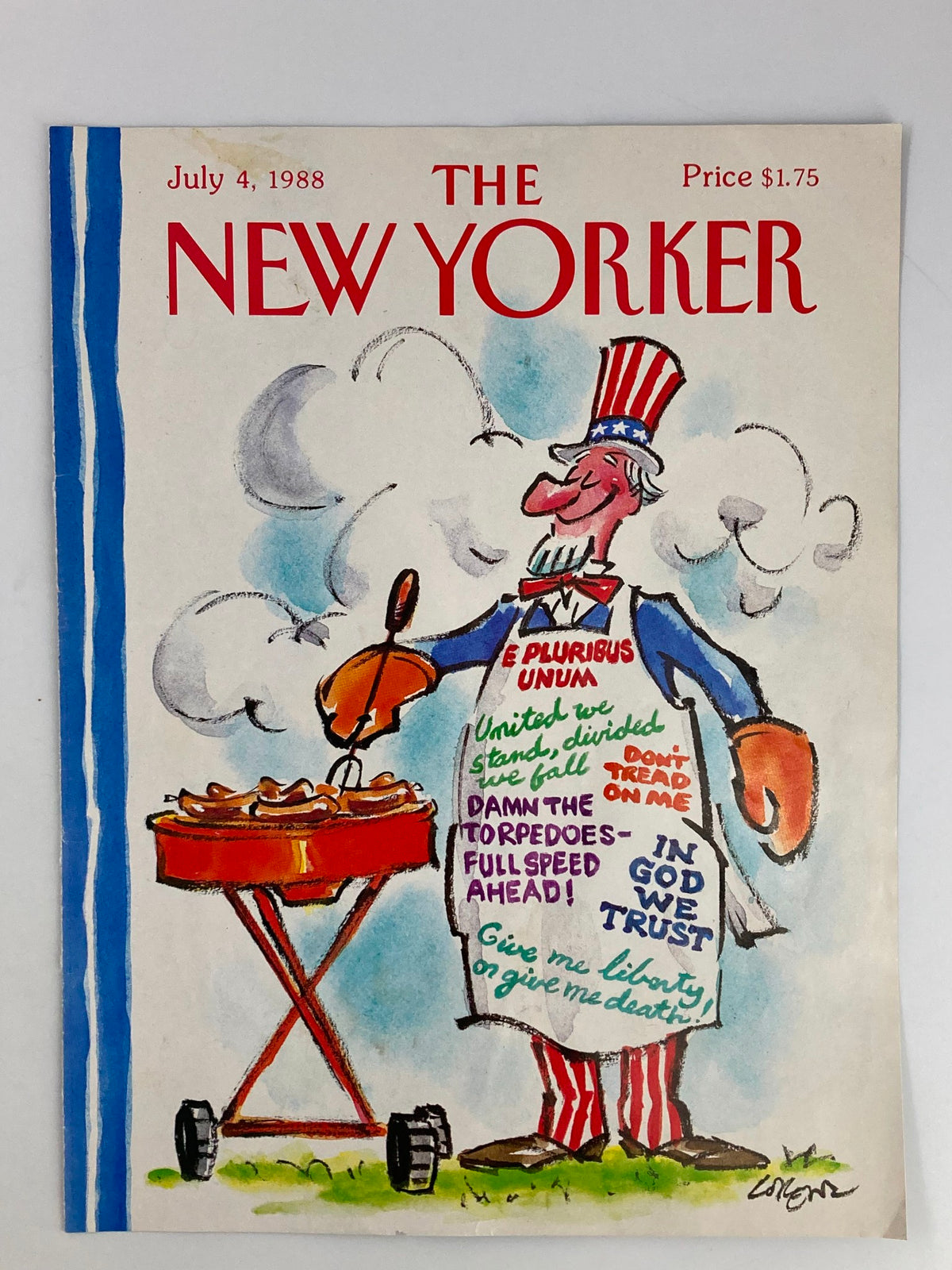 COVER ONLY The New Yorker July 4 1988 artwork by Ever Meulen depicting a whimsical barbecue scene with a character in an Uncle Sam outfit, emphasizing themes of patriotism and summer celebrations.