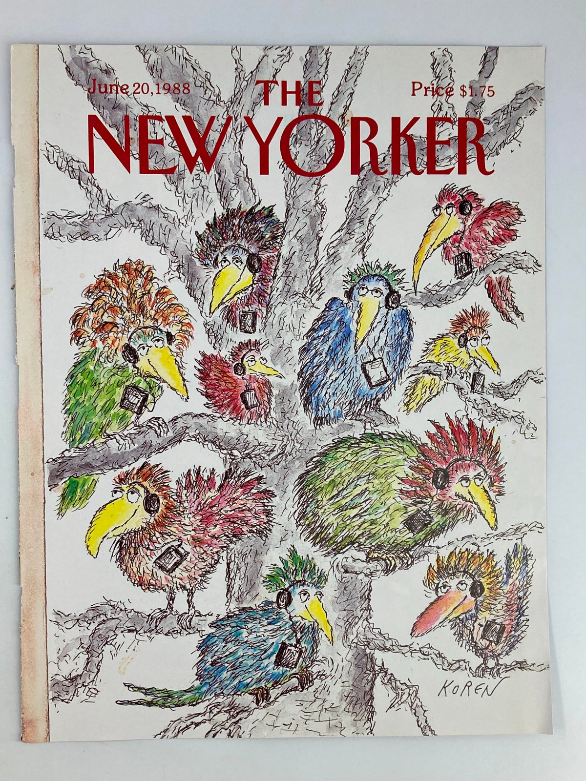 The New Yorker June 20 1988 cover titled 'Birds are Birding' by Edward Koren, showcasing a whimsical illustration of various birds with vibrant feathers sitting on branches.