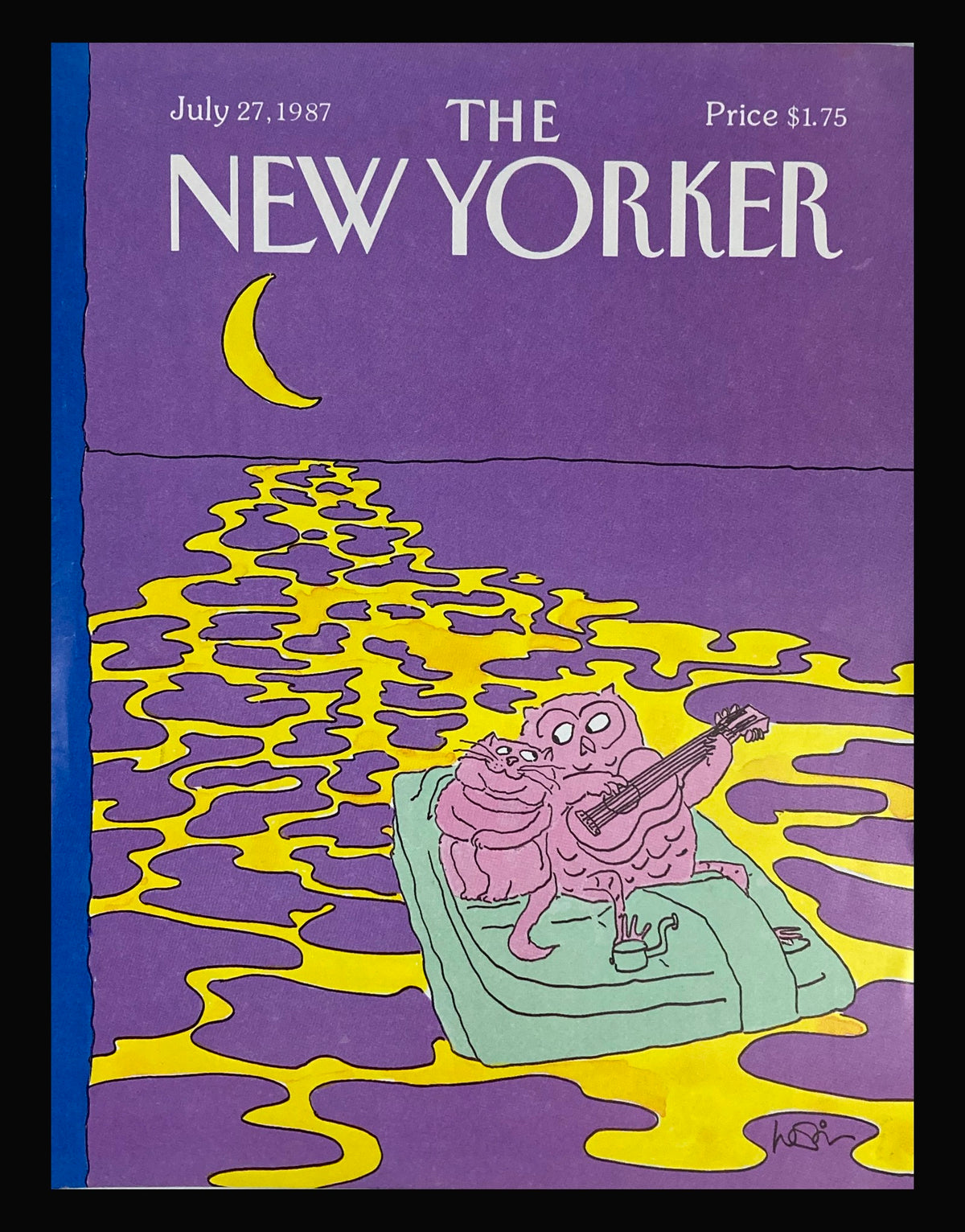 COVER ONLY The New Yorker July 27, 1987 featuring an illustration of an owl serenading a cat on a floating raft, surrounded by a vibrant purple and yellow background.