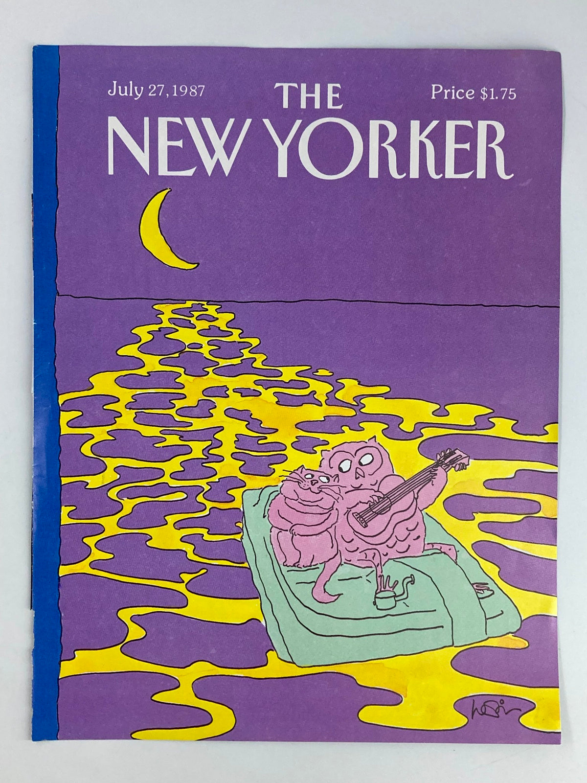 COVER ONLY The New Yorker July 27, 1987 artwork depicting a whimsical scene of an owl and a cat on a raft, with a sunset reflection on water, showcasing the playful style of Arnie Levin.