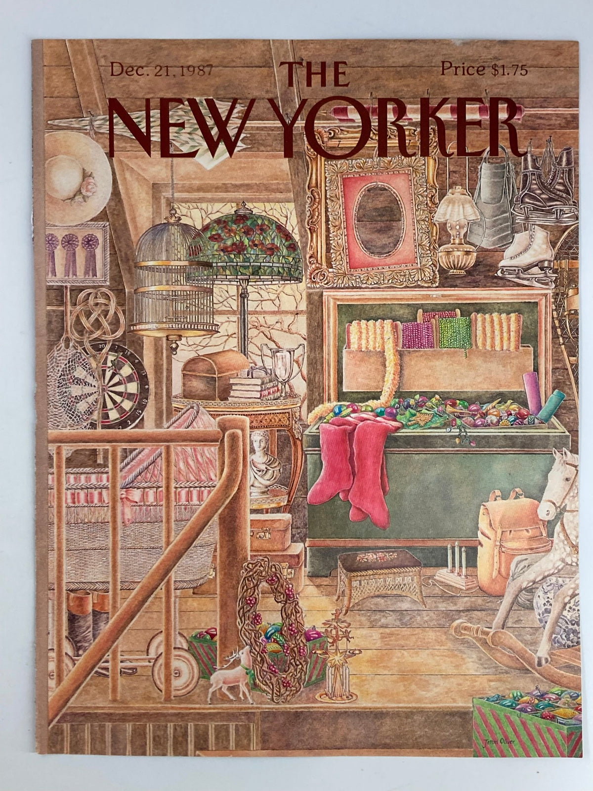 The New Yorker magazine cover from December 21, 1987, depicting an Antique Storage Room designed by Jenni Oliver, filled with retro items and colorful decorations.