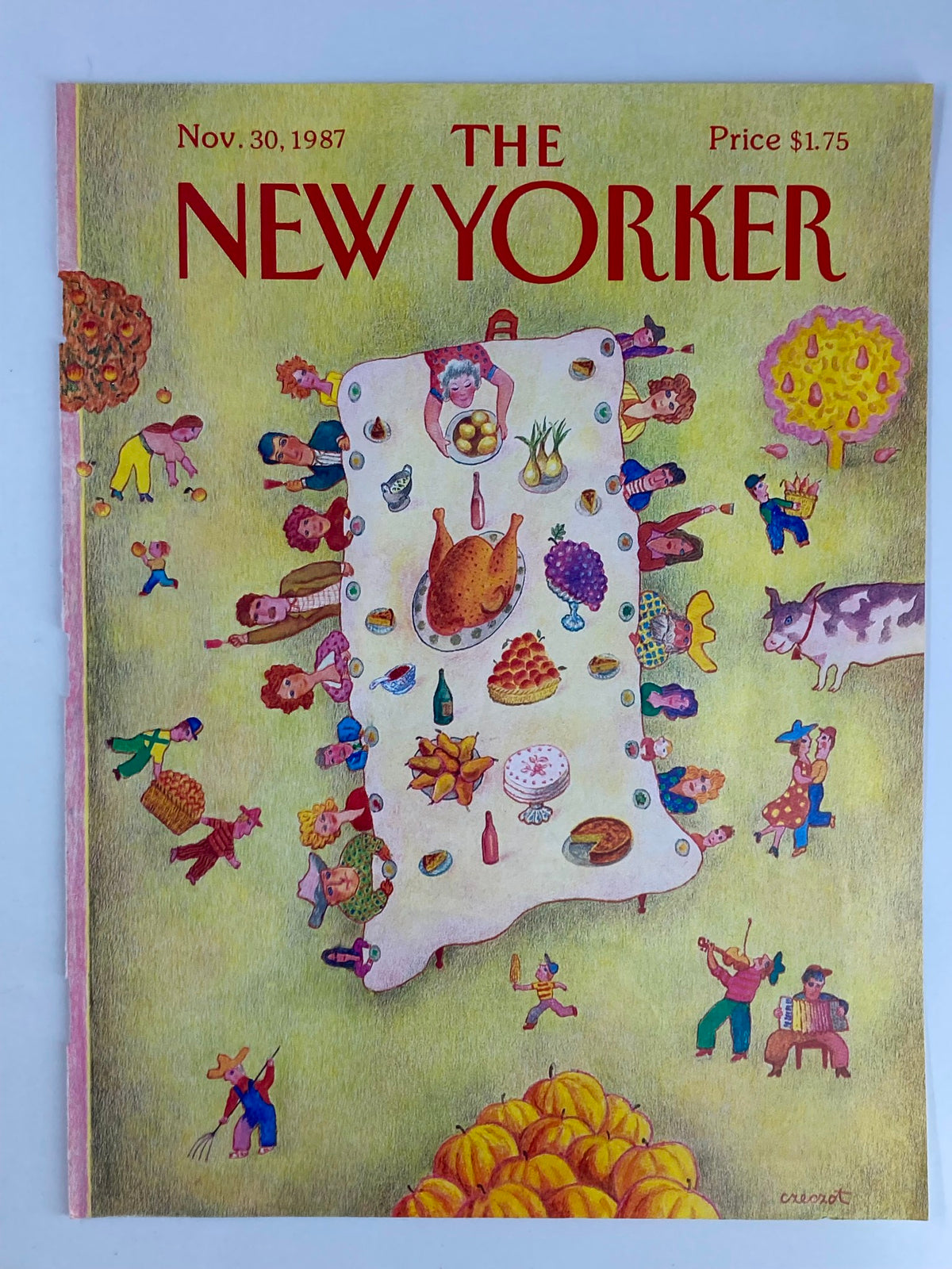 The New Yorker magazine cover from November 30, 1987 featuring 'Feast with Family' by Andrzej Czeczot, showcasing colorful illustrations of family members enjoying a festive meal.