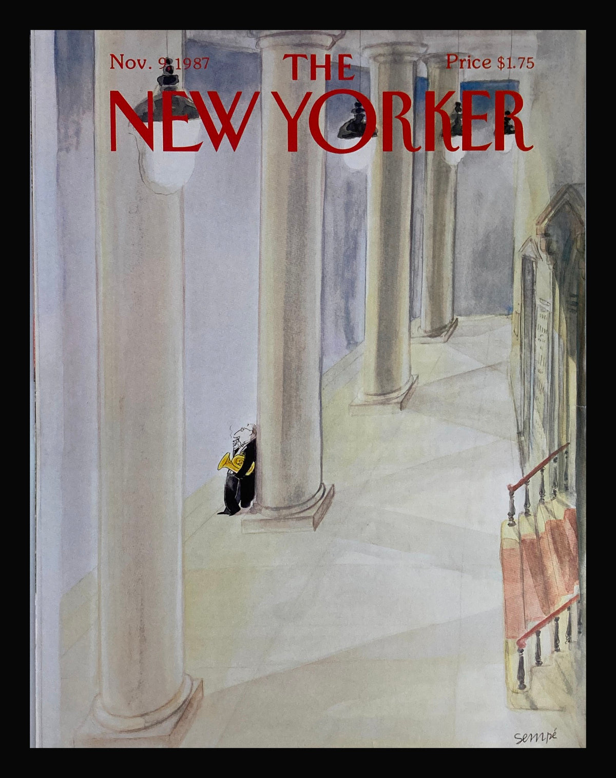 The New Yorker cover titled 'Musician a Break' by Jean-Jacques Sempe, dated November 9, 1987, featuring a whimsical illustration of a musician leaning against a column in a beautifully detailed interior.