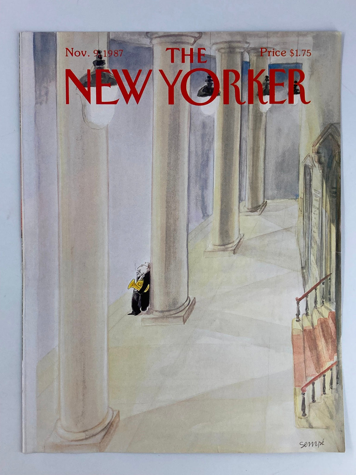 The New Yorker cover titled 'Musician a Break' by Jean-Jacques Sempe, published on November 9, 1987, showcasing a playful illustration of a musician playing a brass instrument amid elegant architectural elements.