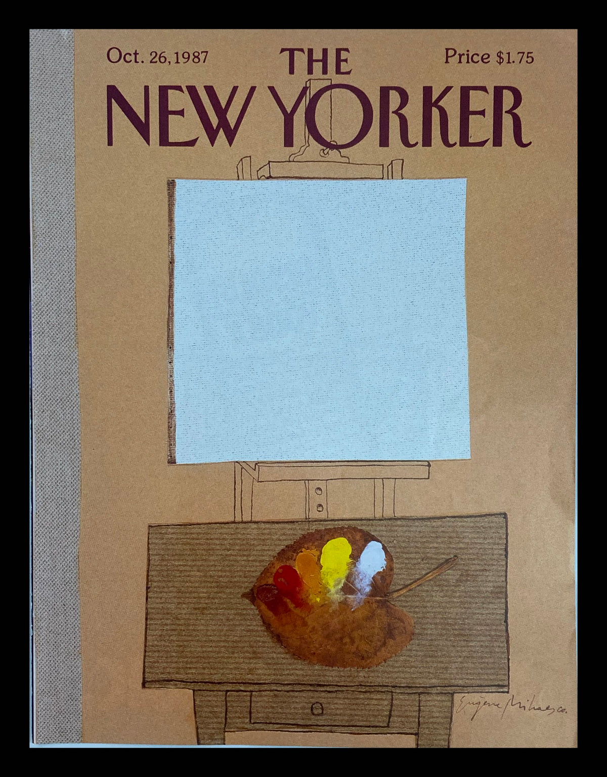 Cover of The New Yorker from October 26, 1987 titled 'What to Paint' by Eugene Mihaesco, featuring an easel with a blank canvas and a painter's palette with vibrant colors.