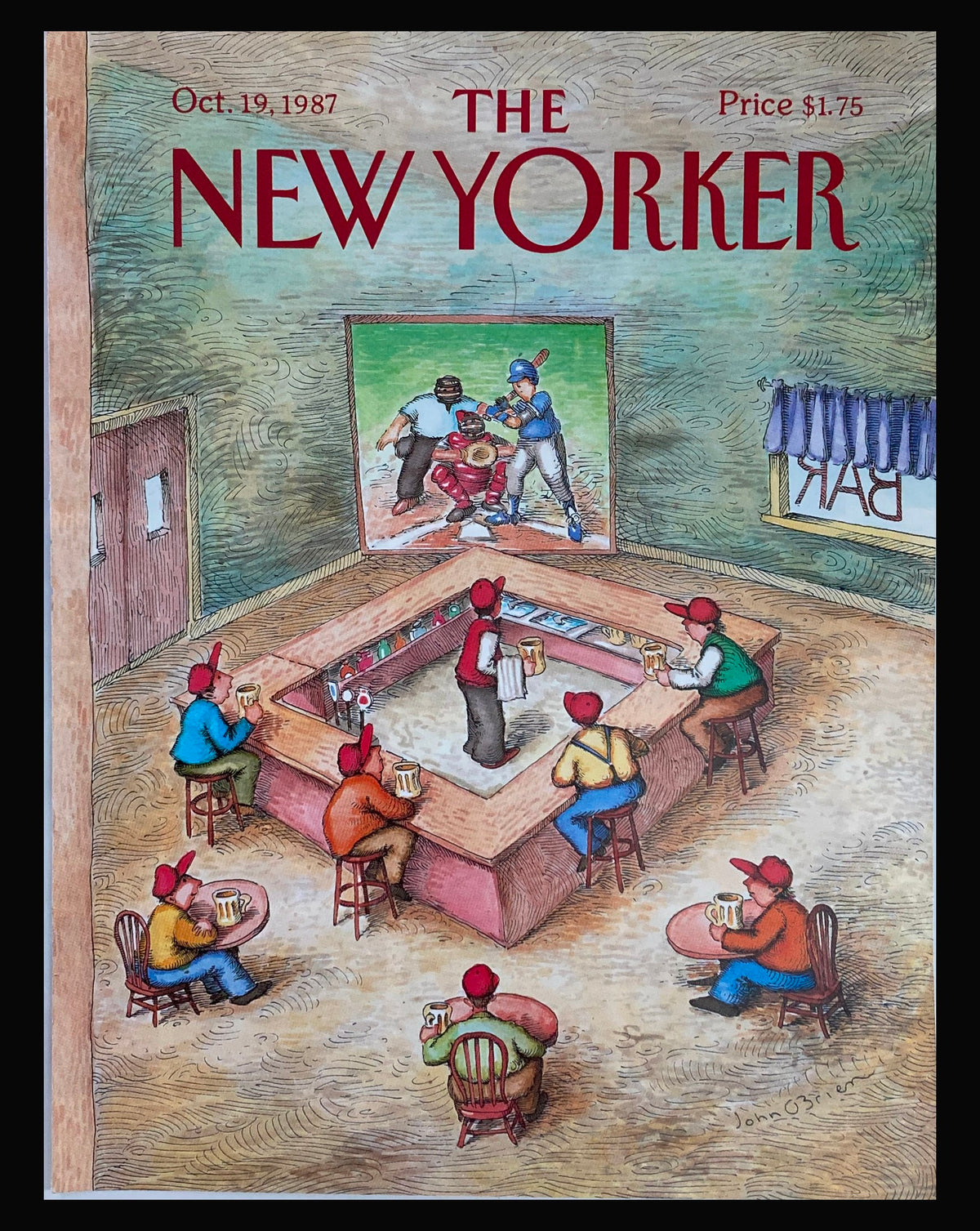 Original cover of The New Yorker from October 19, 1987, titled 'A Home Run?' by John O'Brien, featuring a bar scene with baseball fans watching a game through a window.