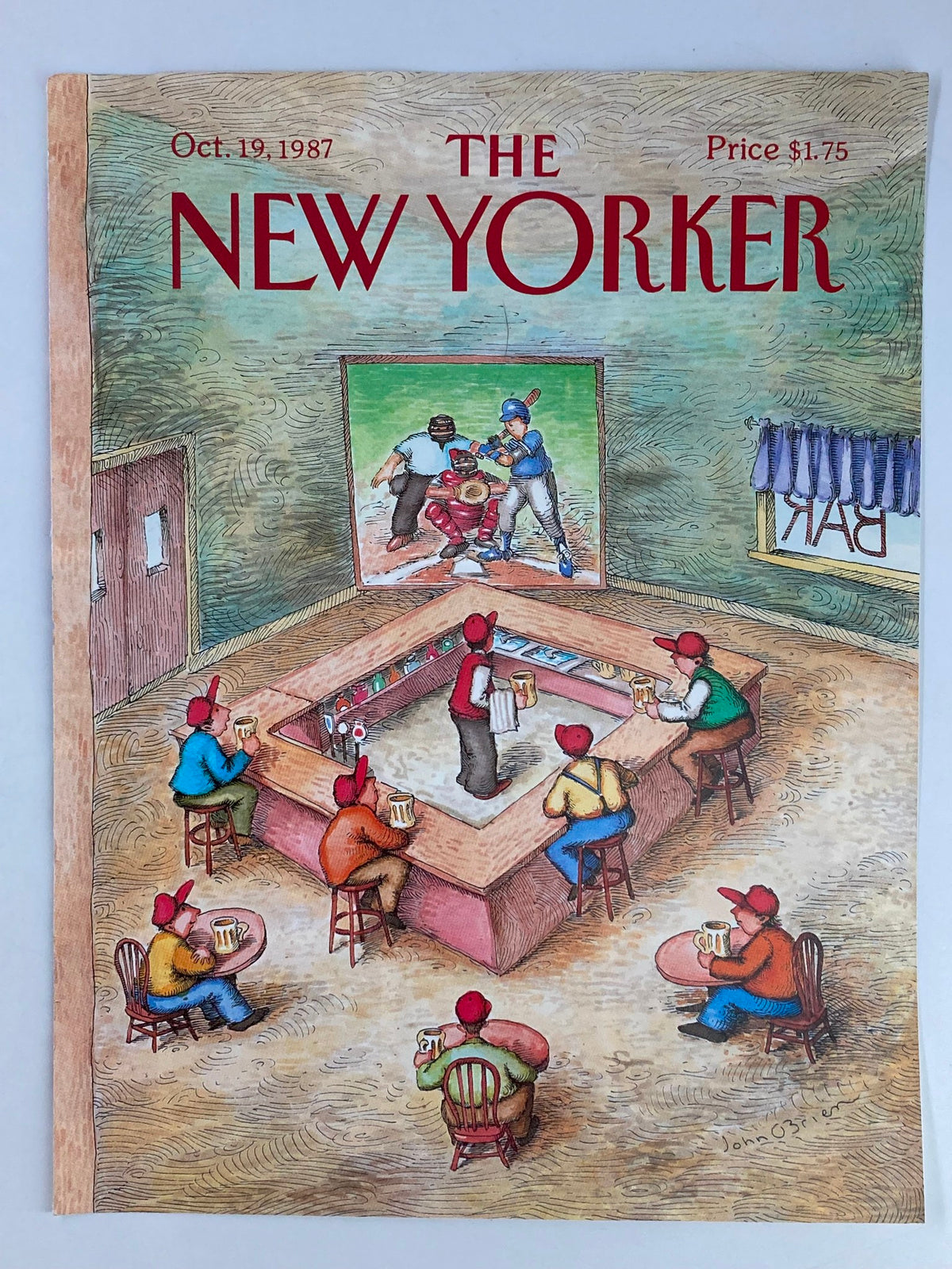 The New Yorker cover dated October 19, 1987, titled 'A Home Run?' by John O'Brien, illustrating a cozy bar setting with patrons enjoying drinks and watching baseball.