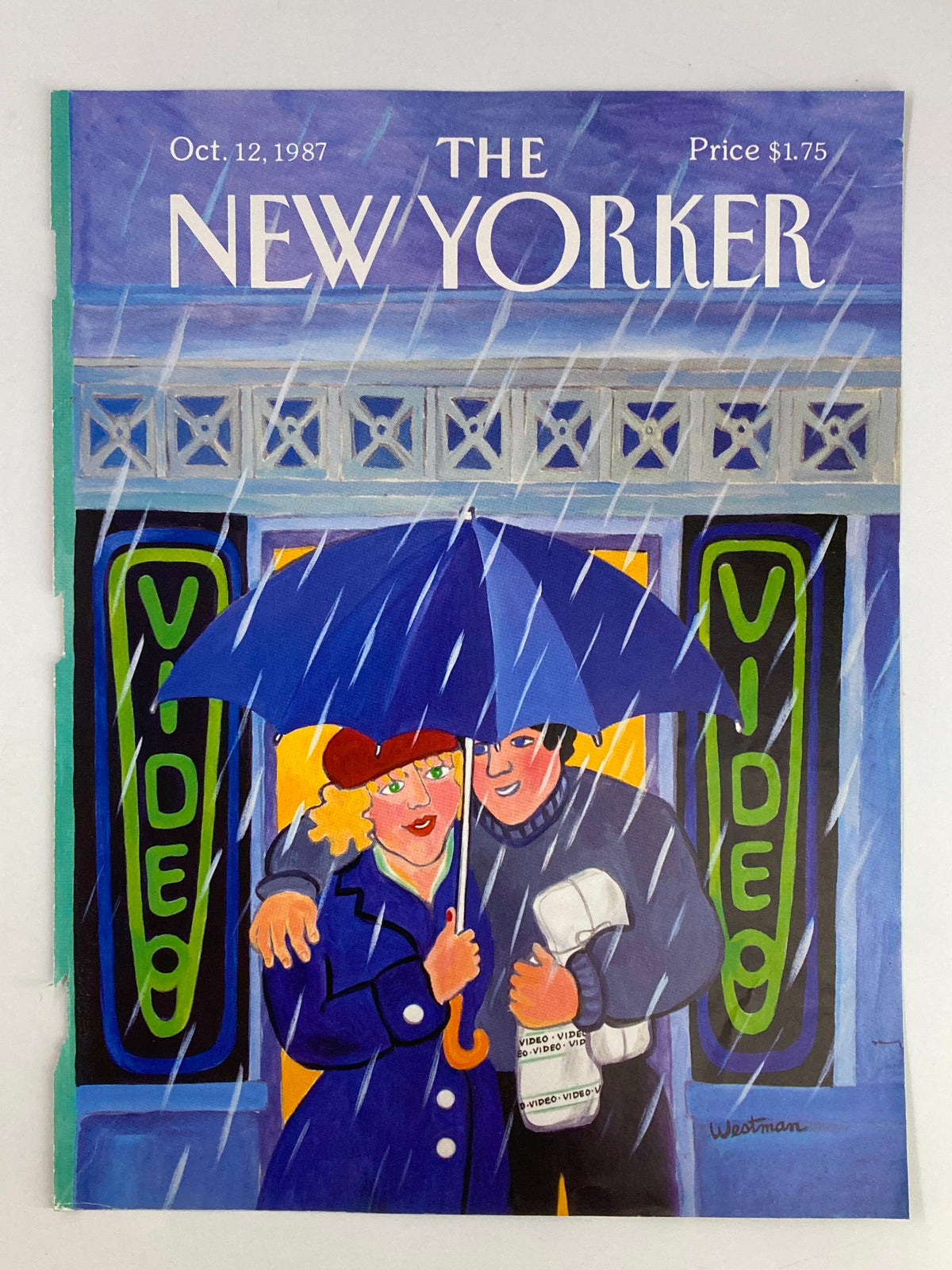 COVER ONLY of The New Yorker October 12, 1987 depicting a couple sharing an umbrella in the rain by Barbara Westman, ideal for art enthusiasts and collectors.
