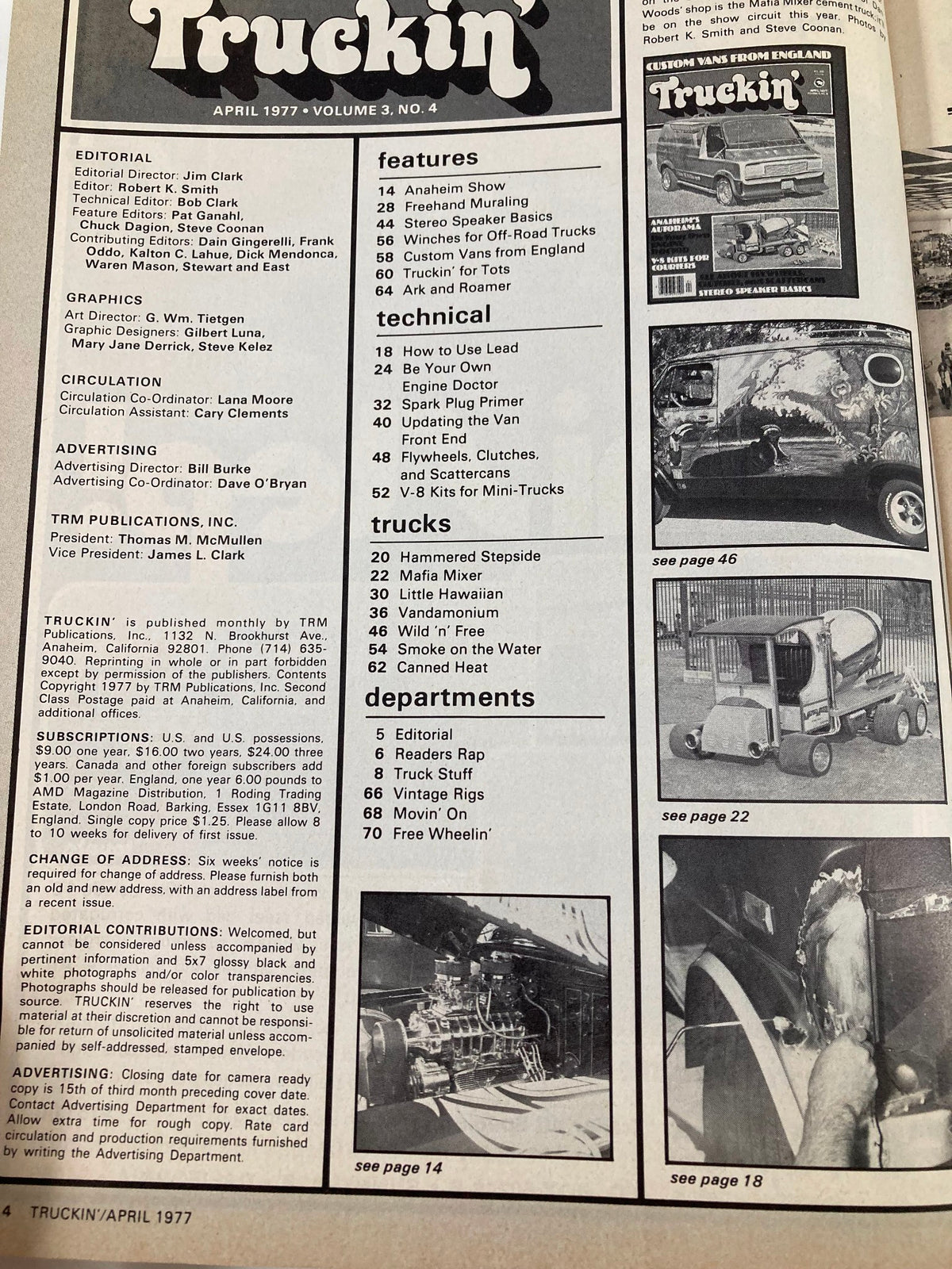 Contents page of VTG Truckin' Magazine April 1977, listing features and articles including Anaheim Show and technical aspects of truck customization.