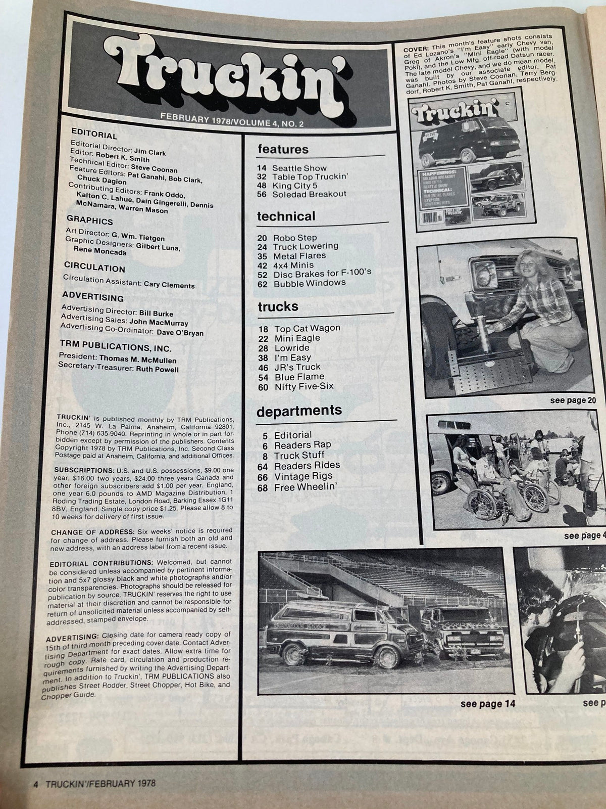 Interior page of VTG Truckin Magazine February 1978 displaying the table of contents and editorial details.
