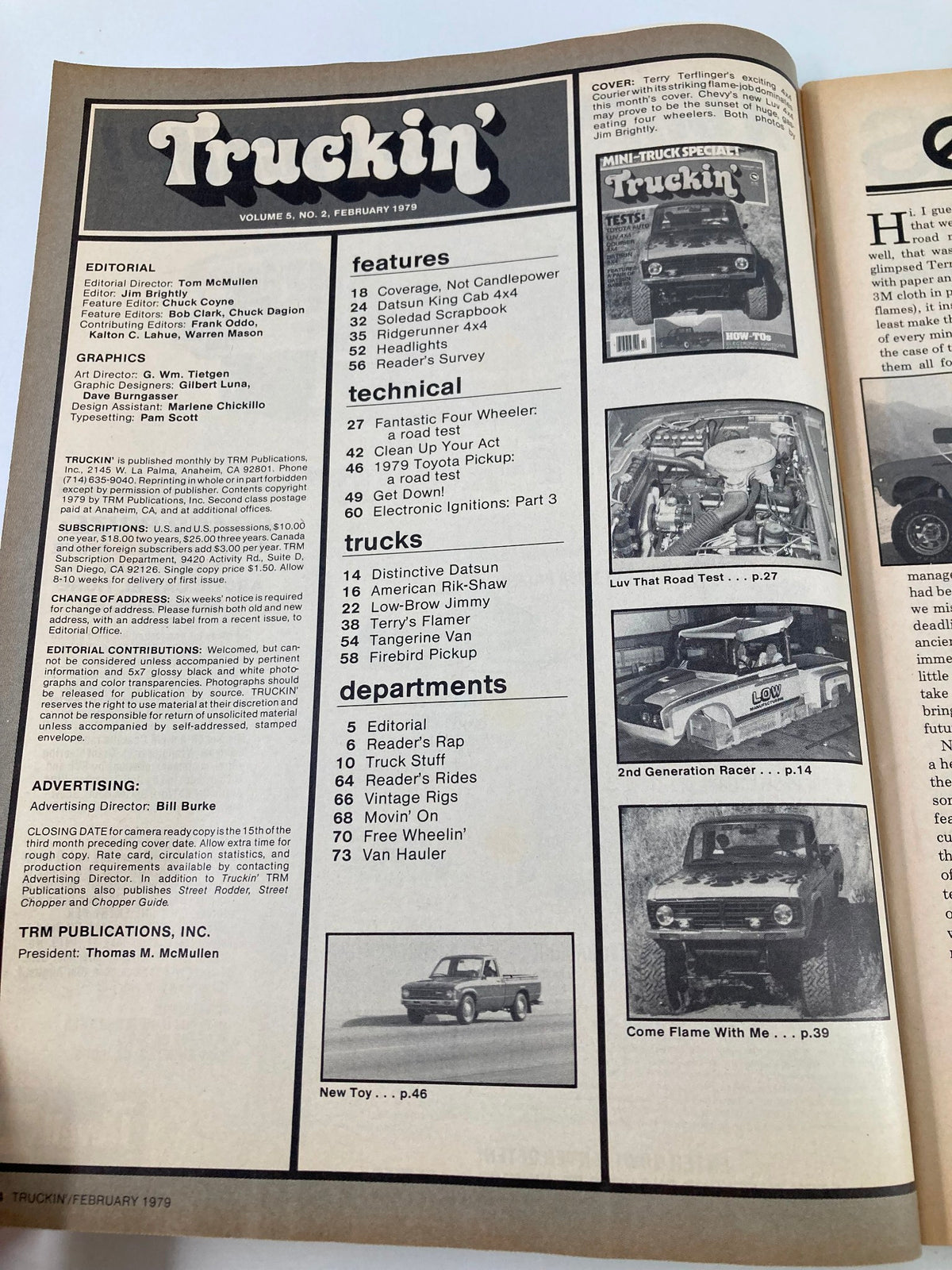 Inside page of VTG Truckin Magazine February 1979 displaying the editorial section and table of contents for features on trucks and automotive topics.