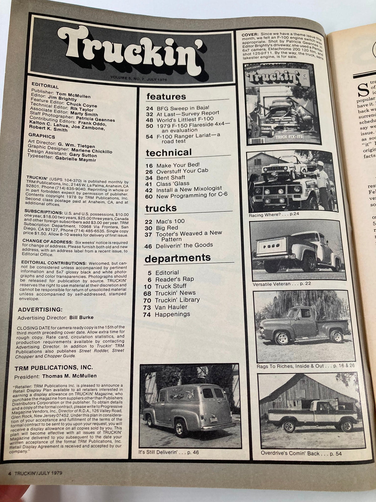 Interior page from VTG Truckin' Magazine July 1979 showcasing contents, features, and editorial notes including F-100 Engine Switch at Brightly's Garage.