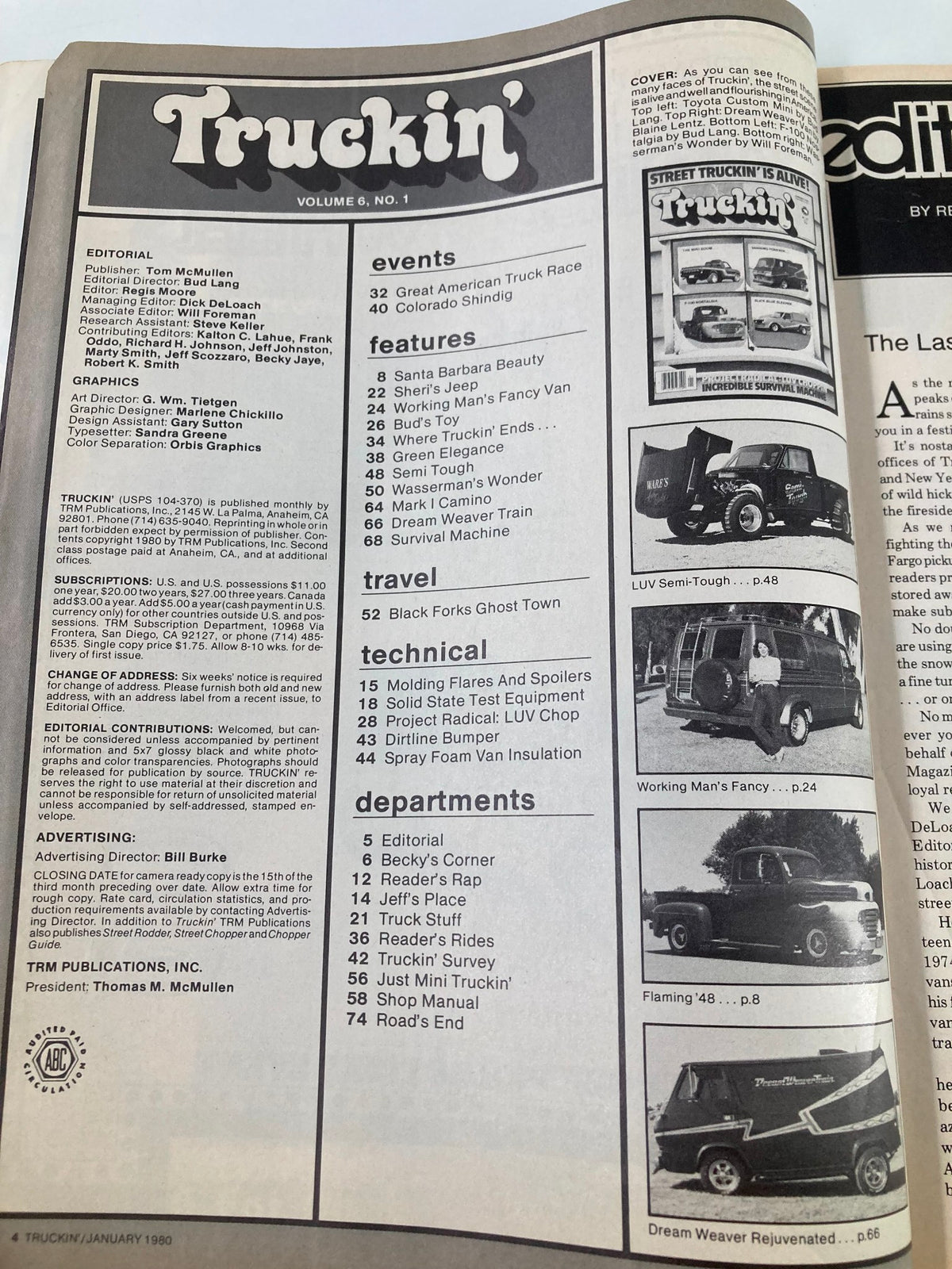 Interior page of VTG Truckin' Magazine January 1980 displaying editorial details and features of the magazine, including Project Radical Luv, with various sections dedicated to automotive culture and custom builds.