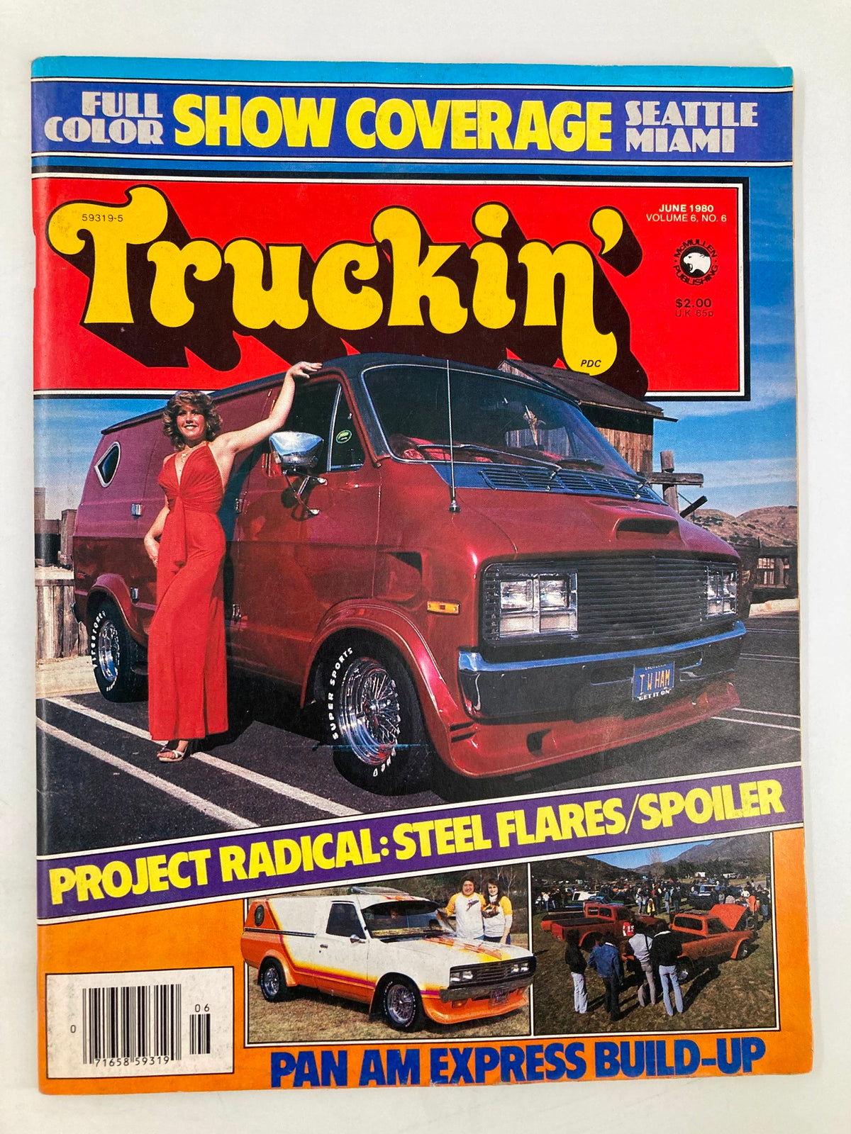 Cover of VTG Truckin Magazine June 1980 featuring Project Radical showcasing a vintage red truck with steel flares and a woman in a red dress posing beside it.