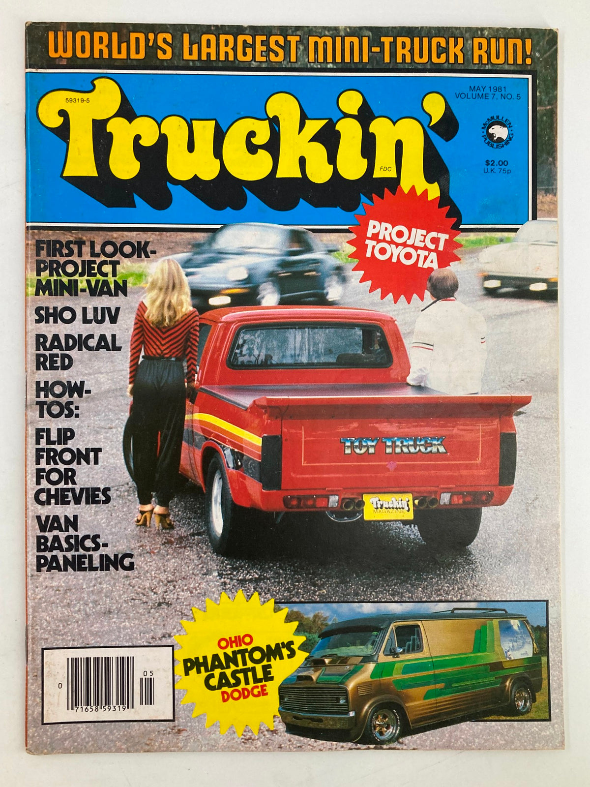 Cover of the May 1981 issue of Truckin' Magazine featuring a red mini-truck and two individuals on the road, showcasing the theme of the world's largest mini-truck run.