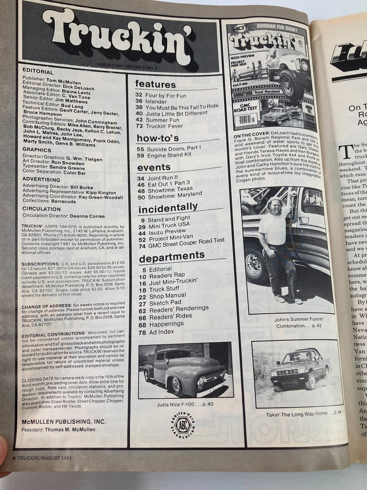 Interior page of VTG Truckin Magazine August 1981 showcasing the table of contents, featuring articles and how-to guides related to vintage trucks and automotive culture.