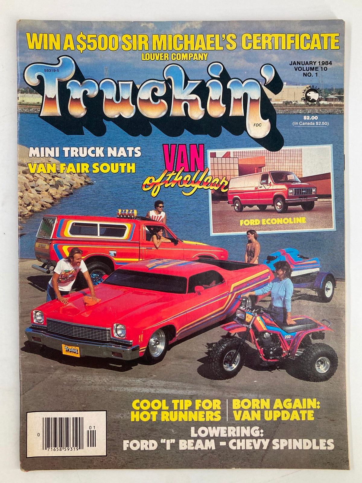 VTG Truckin Magazine January 1984 featuring a vibrant cover with a custom red GMC Sprint, showcasing mini truck culture and automotive design, perfect for collectors.