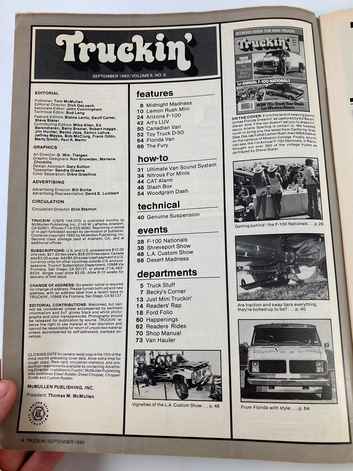 Front page of the September 1980 issue of Truckin' Magazine featuring the editorial section, key features including Florida Dreamin' and several articles on truck culture. This collectible magazine highlights the essence of 1980s truck lifestyle and vintage Americana.