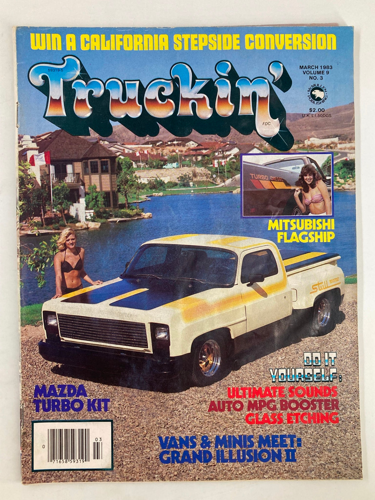 Cover of VTG Truckin Magazine March 1983 showcasing a Mitsubishi truck, featuring prominent text about vans and minis, and a photo of a woman by the water. This collectible magazine reflects early 1980s automotive culture.