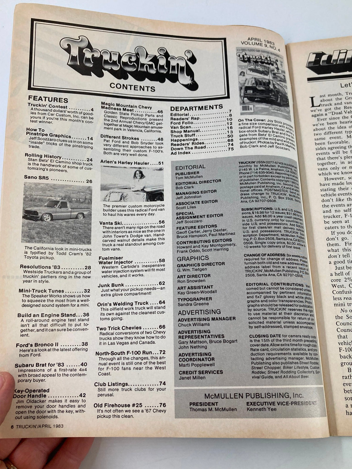 Interior page of Truckin Magazine April 1983 displaying the table of contents, highlighting various features and departments related to truck culture.