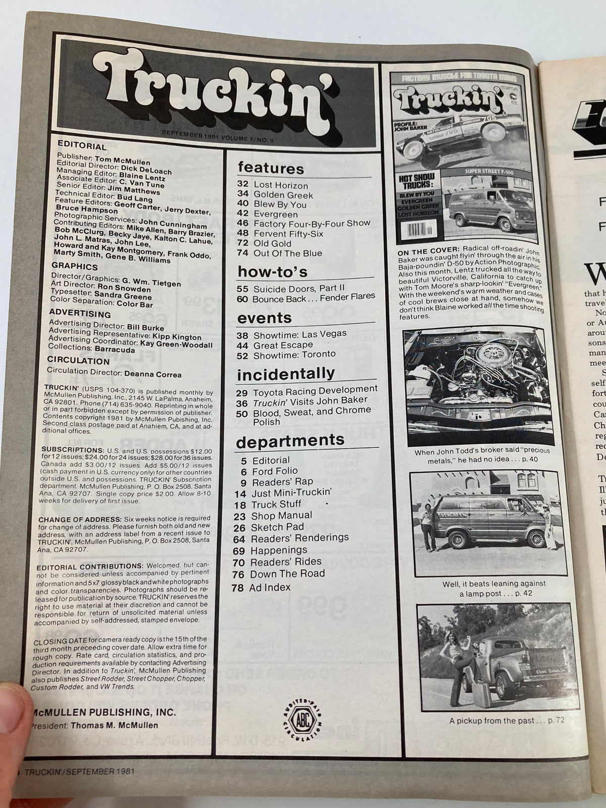 Interior page of Truckin' Magazine September 1981 displaying the editorial and feature index with article titles including 'Lost Horizon', 'Blew By You', and 'Evergreen', highlighting the content of this vintage automotive publication.