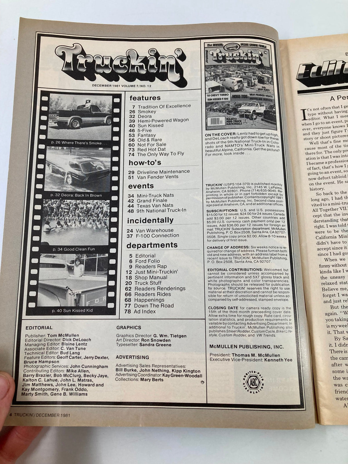 Interior page of the VTG Truckin Magazine from December 1981 showcasing the table of contents with features on automobile customization including a guide on van fender vents, important automotive events, and editorial sections.
