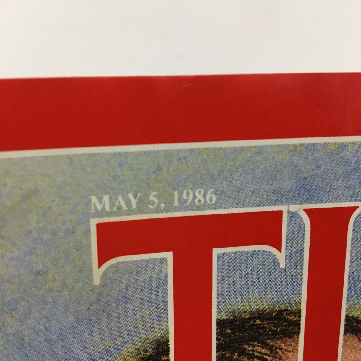Close-up of the cover of Time Magazine from May 5, 1986, featuring the title and date, part of the issue showcasing pianist Vladimir Horowitz.
