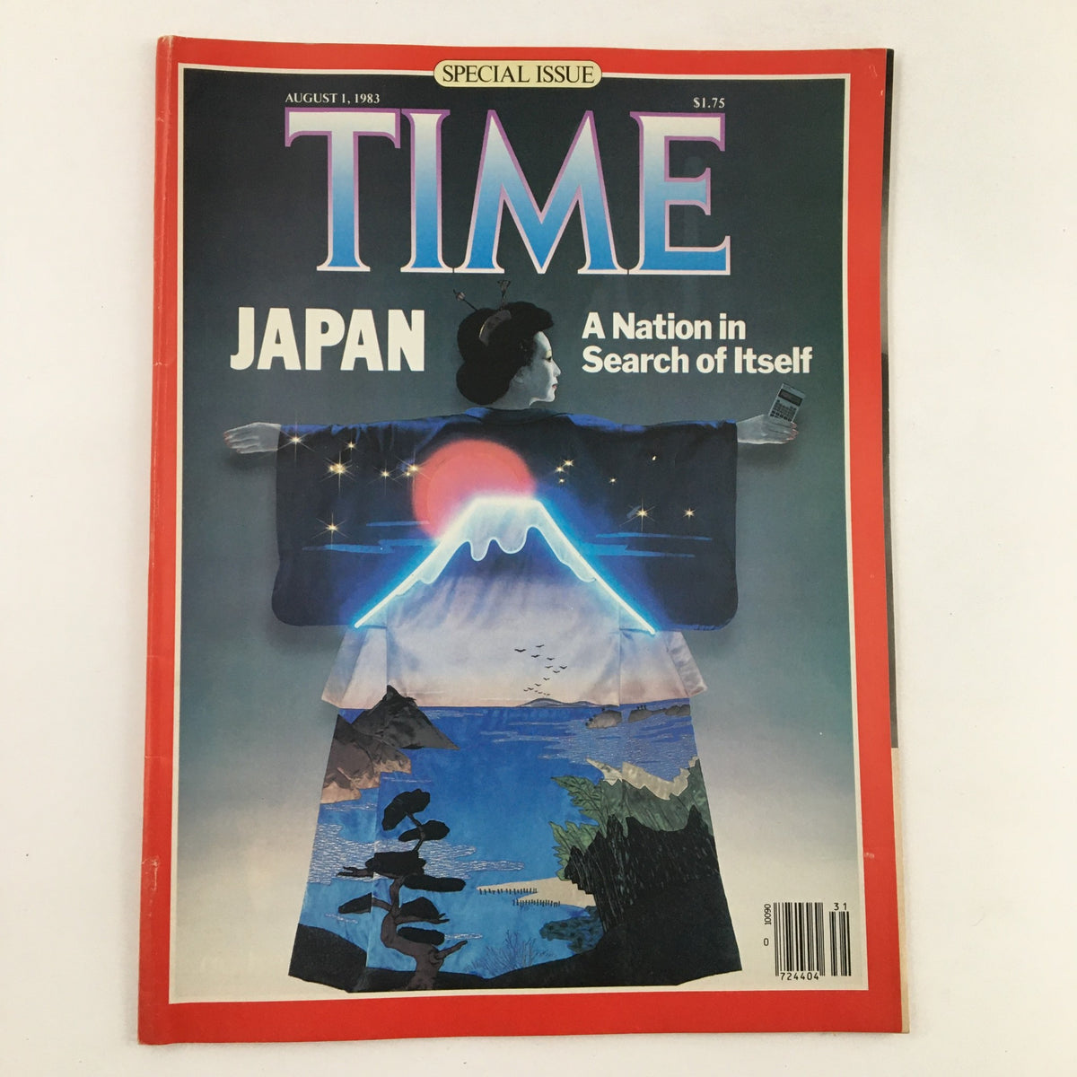 Time Magazine cover from August 1, 1983, featuring the headline 'Japan: A Nation in Search of Itself'. The cover displays a vivid illustration of Mount Fuji and a woman in traditional clothing, highlighting cultural and national themes.